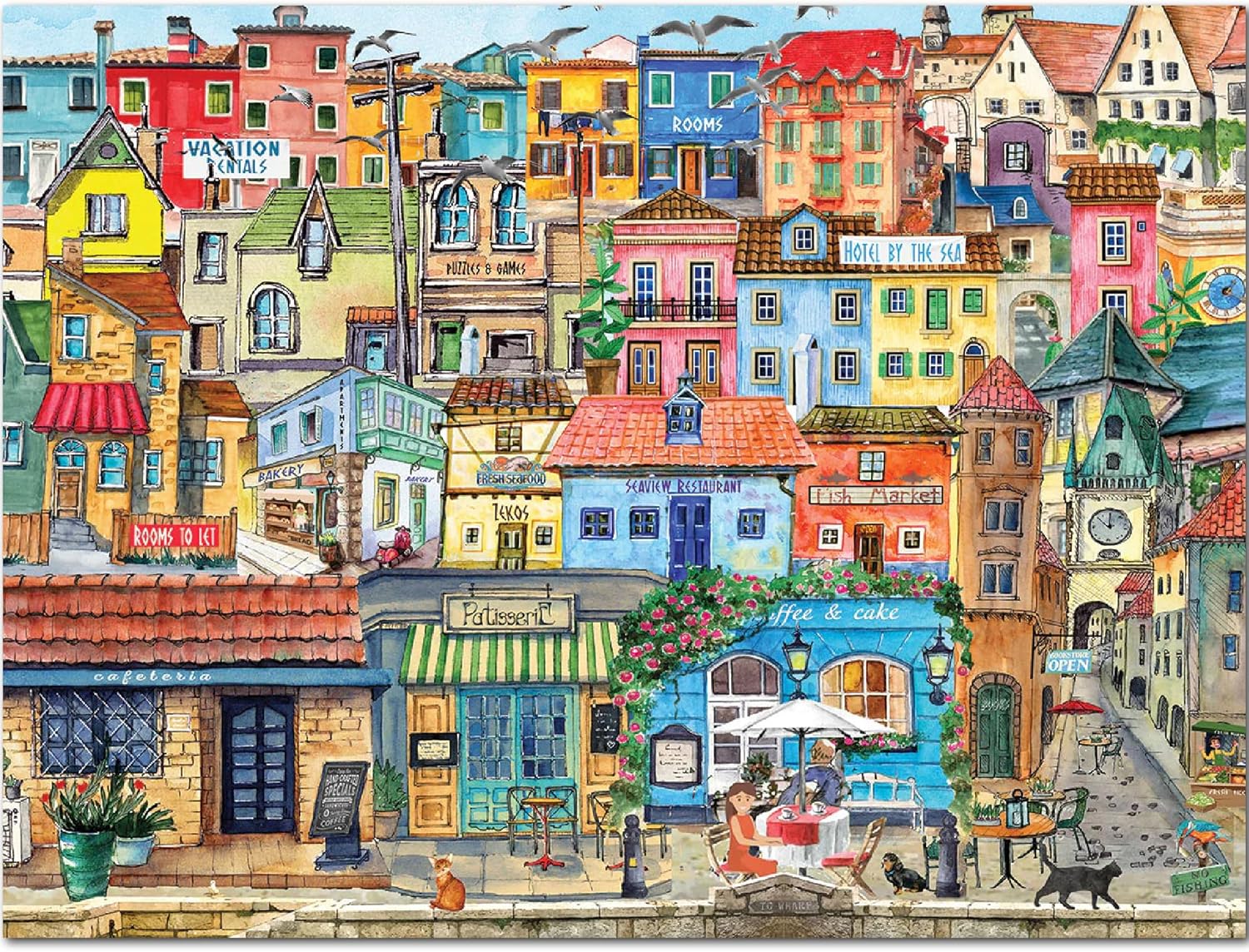White Mountain 500 Piece Jigsaw Puzzle Italy Painting Puzzles with Large Pieces Gift for Adults 18"x24" - Seaside Village