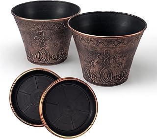 Large Fancy Decorative Planter (2 Pack) Rustic French Country Look Flowerpot Nursery Pot for Indoor, Outdoor, Garden, Patio, Office, Home Decor Use. Long Lasting, Reusable Light Weight (Copper-L)