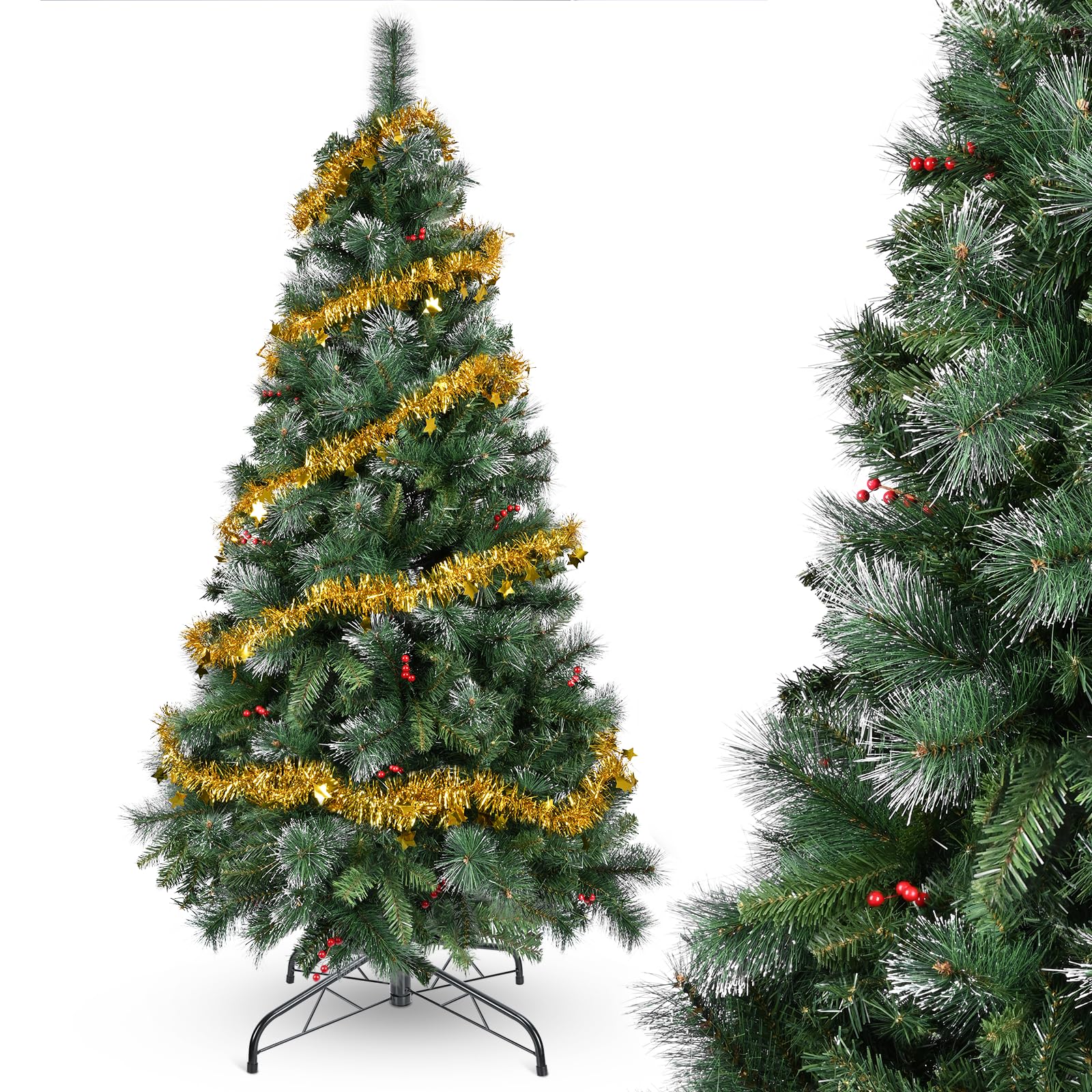 YEAUPE PRO Sapin de Noël Artificiel 165 cm avec Baies Rouges et Effet Neige, Décoré, PVC, Montage 3 Parties, Pied en Métal