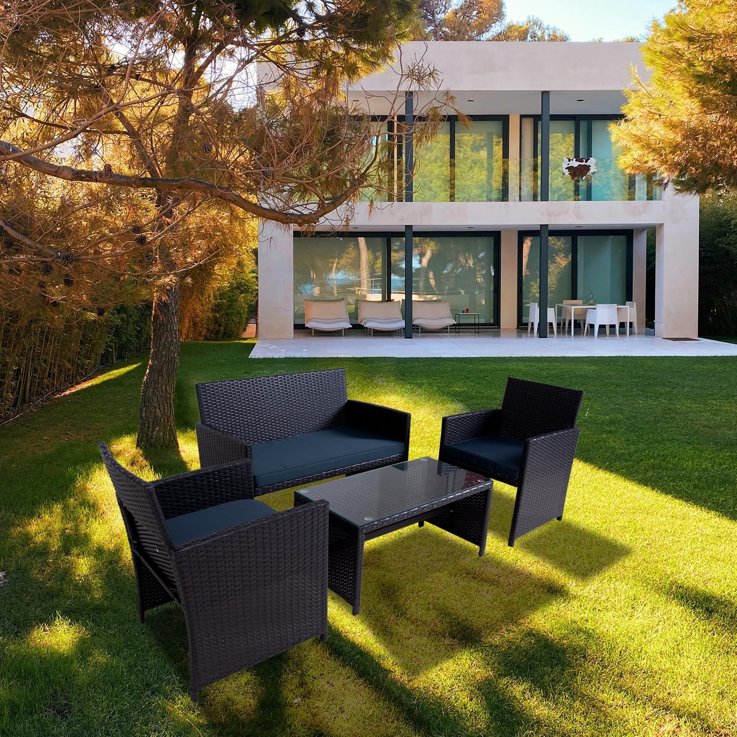 4 Pieces Patio Furniture Set,Porch Conversation Set for Garden, Outdoor PE Rattan Wicker Chairs with Cushion,Sectional Loveseat for Poolside or Backyard (Black-DarkBlue)