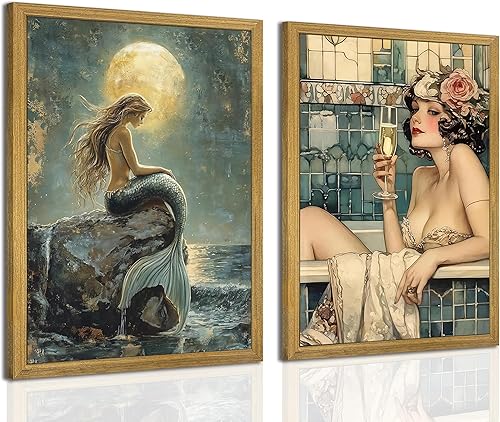 Juego de 2 lienzos de pared vintage con marco de madera para el baño, decoración de pared de mujer en la bañera, imagen victoriana funky, póster