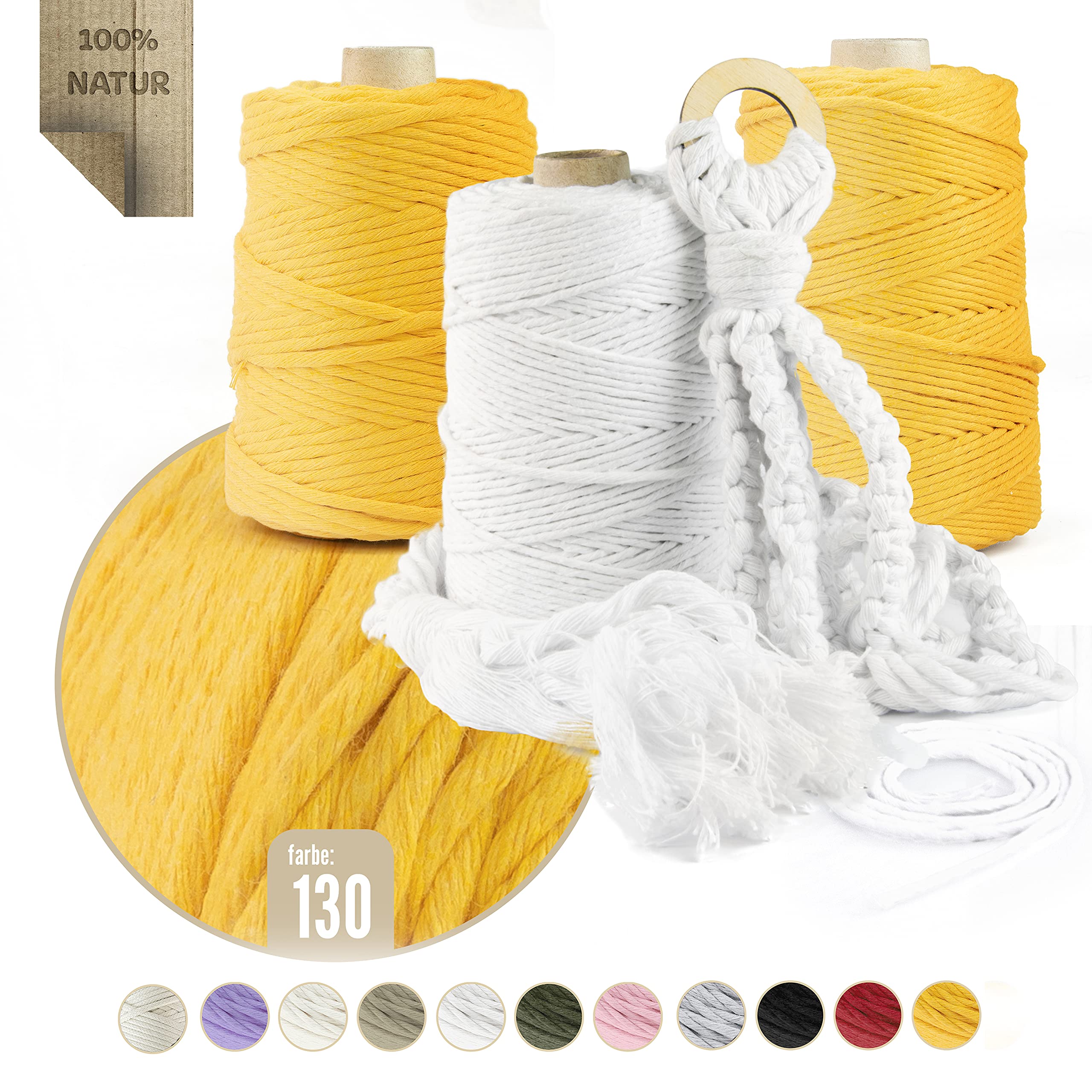 Hilo de macramé premium, 1000 m, 3 mm, amarillo, 100 % algodón, cordón natural, hilo de algodón, decoración artesanal
