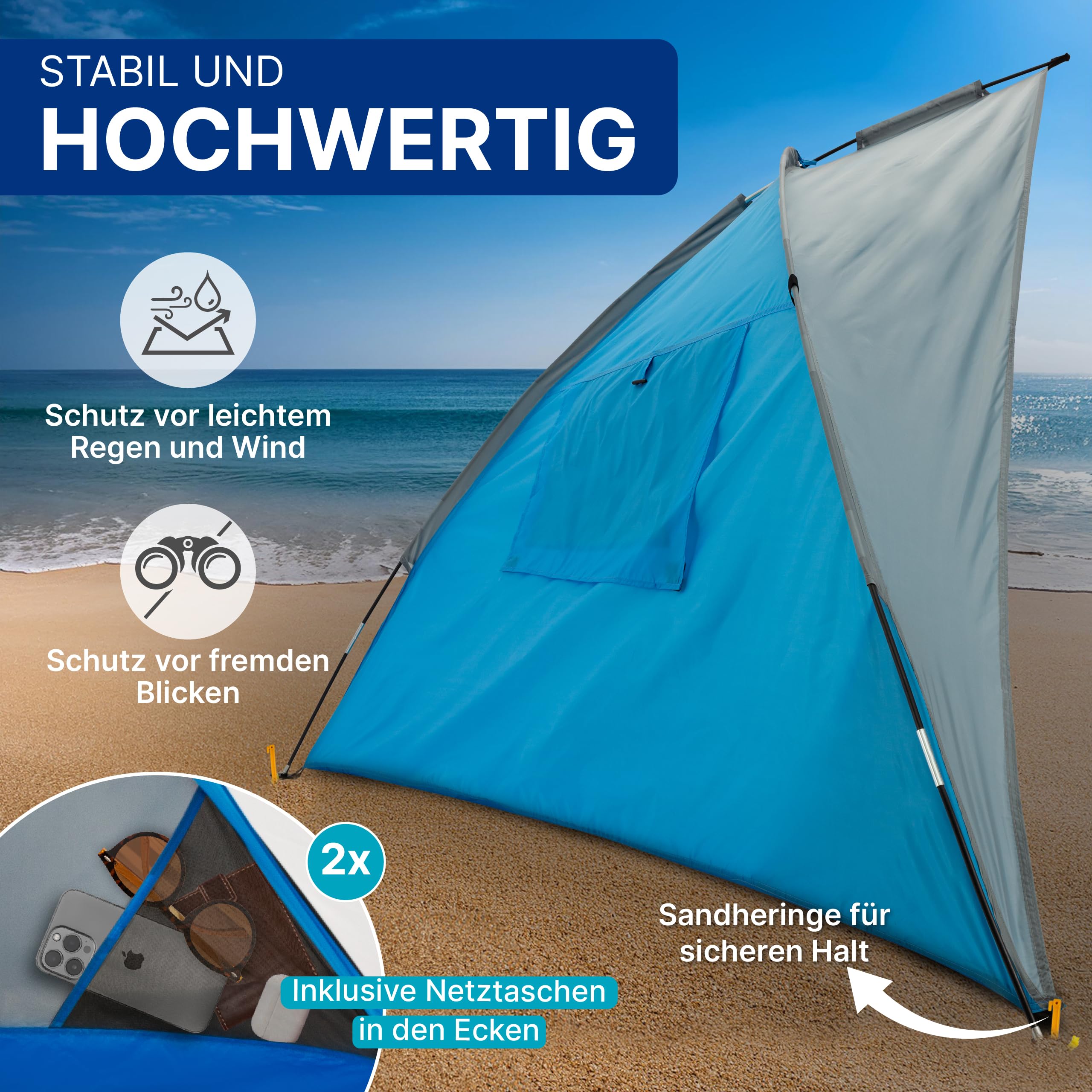 EXPLORER Reise Strandmuschel mit UV Schutz 80+ [240x125x125cm] kleines Packmaß [9x32cm] leicht [1Kg] Strandzelt Sonnenschutz & Windschutz Muschel Reiseformat