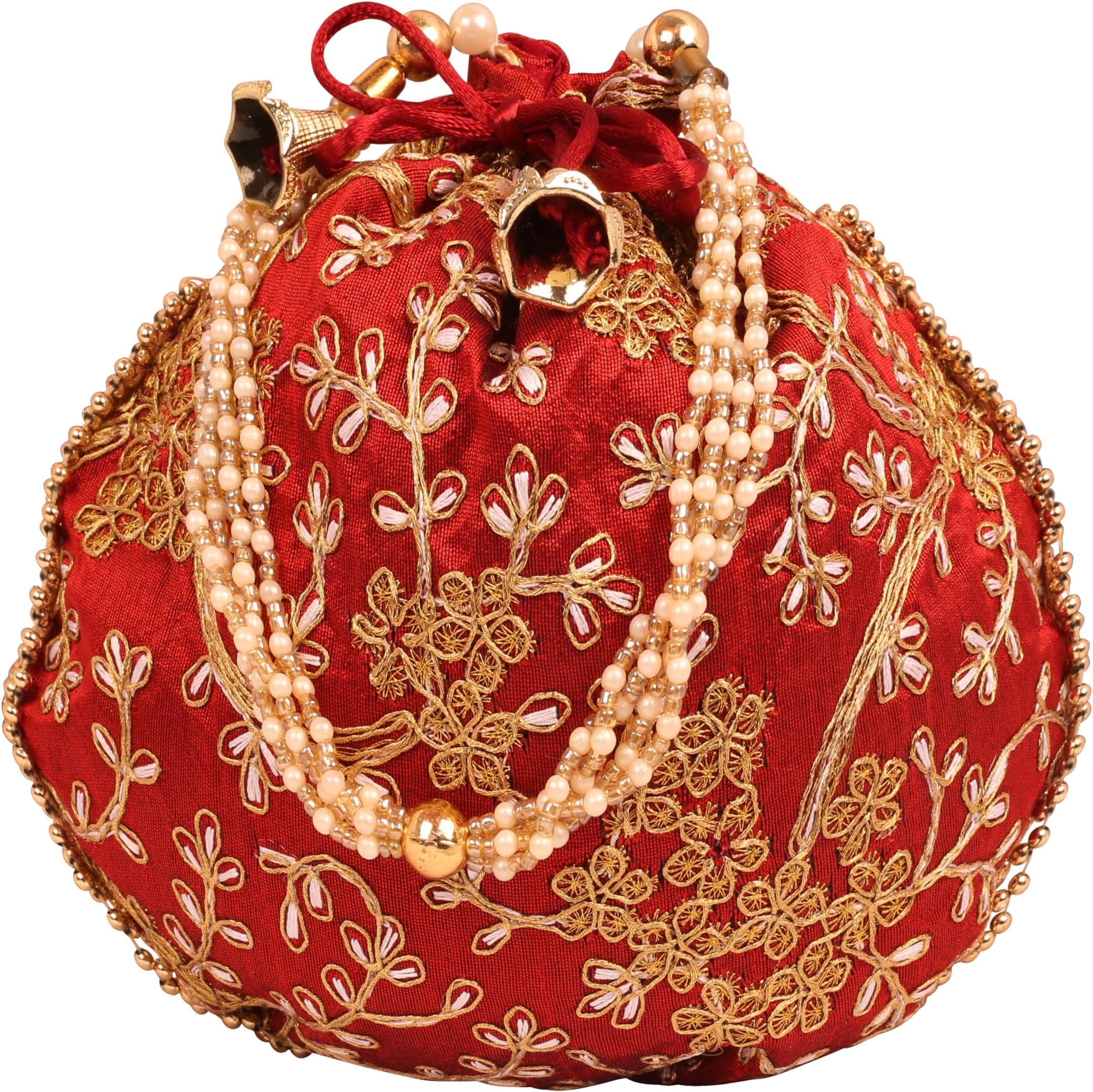 Touchstone Traditional Indian Hand Embroidered Shopping Gifts Jewelry Wedding Faux Pearls Strings Drawstring Bag for Women., Maroon 8.5"x8"