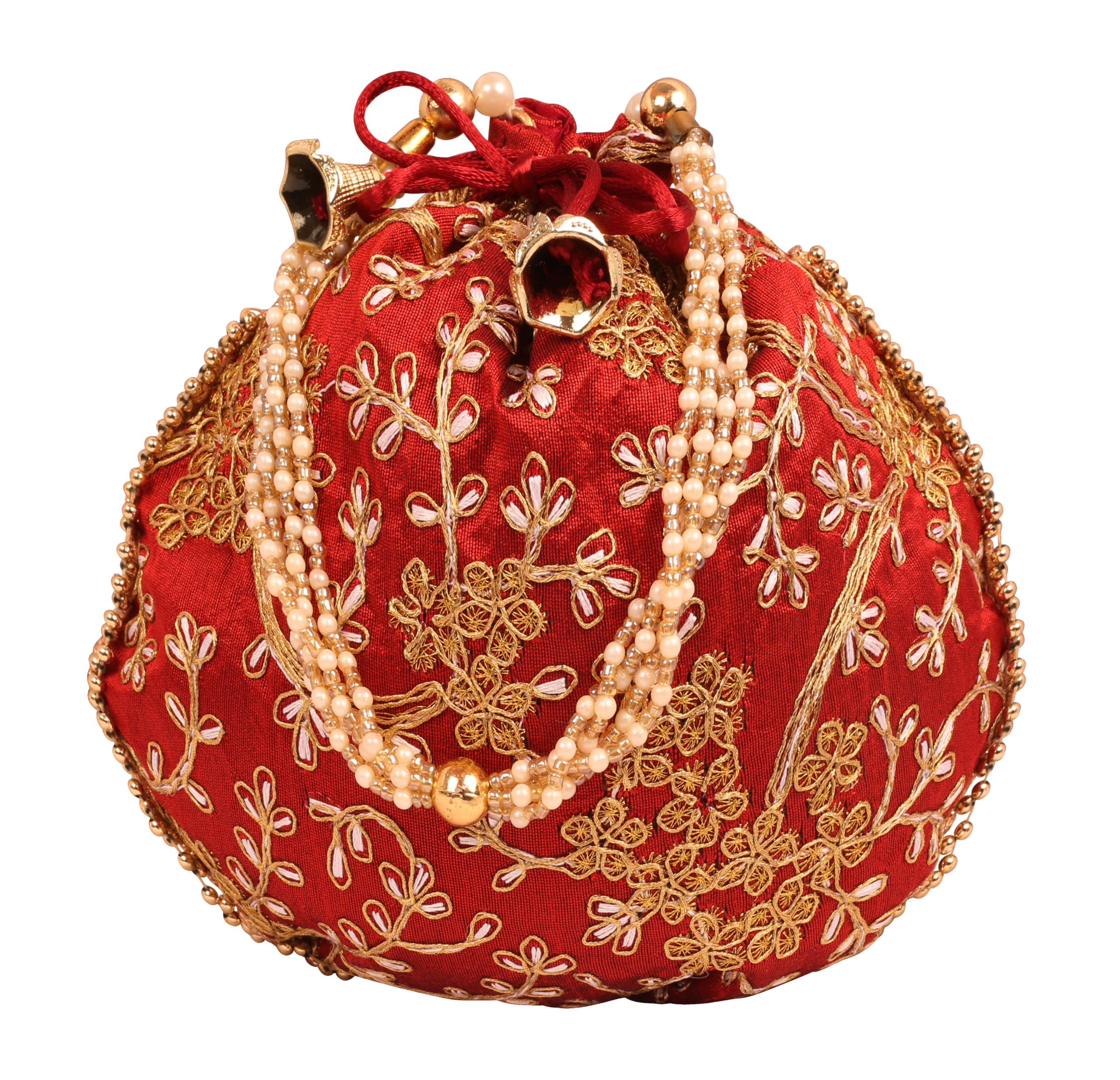 Touchstone Traditional Indian Hand Embroidered Shopping Gifts Jewelry Wedding Faux Pearls Strings Drawstring Bag for Women., Maroon 8.5"x8"