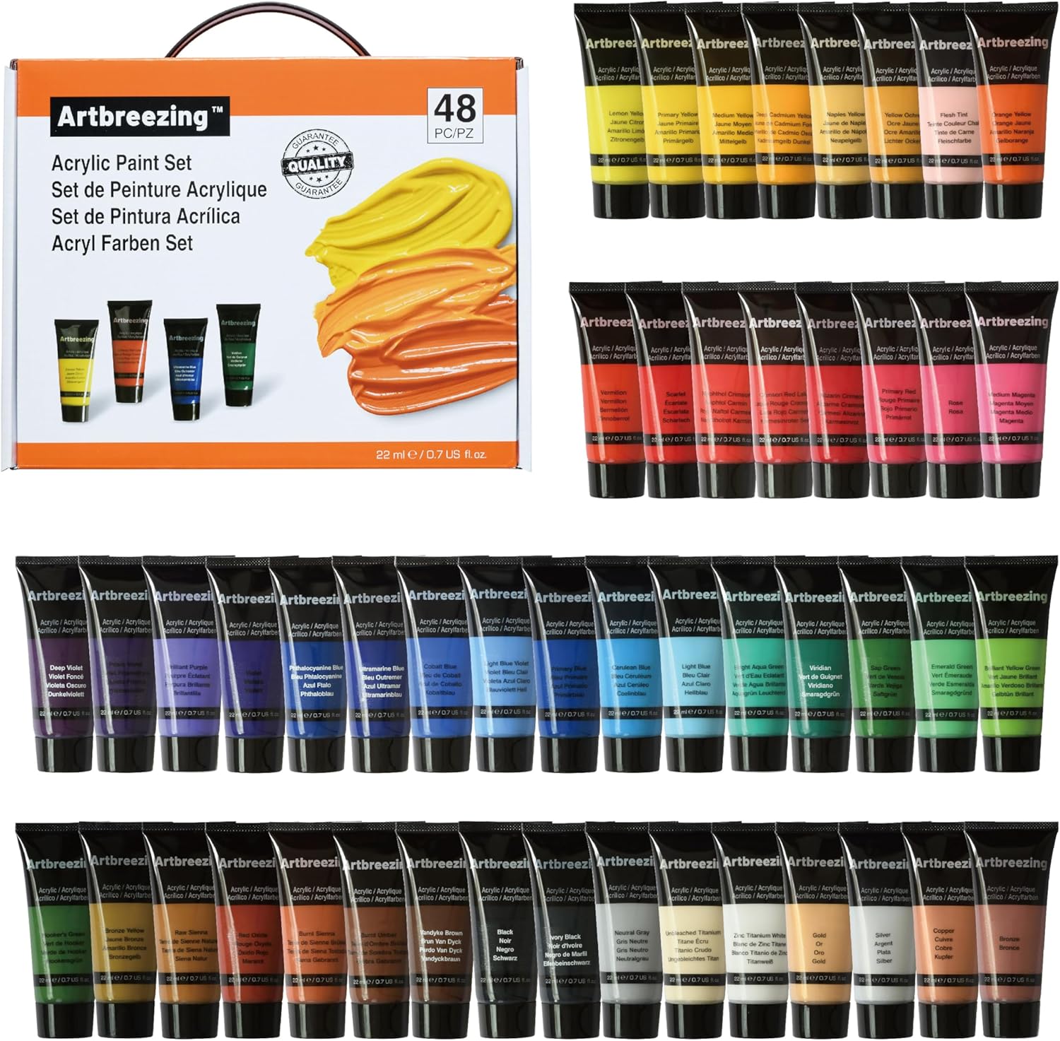 Artbreezing Acrylic Paint Set: 48 Vibrant Colors, 22ml Tubes for Canvas, Wood, Fabric, Paper - Beginner to Pro Artist Kit