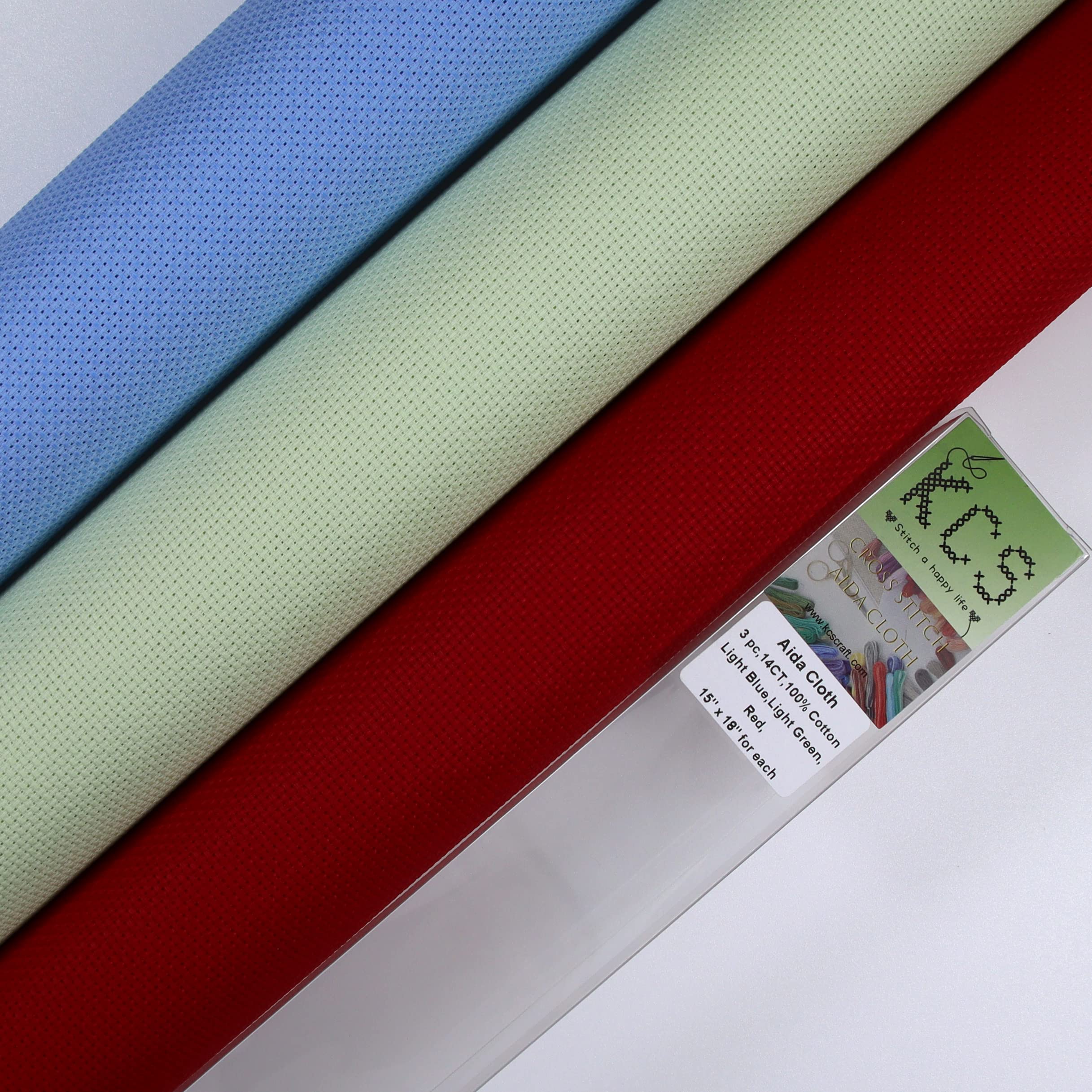 KCS 3 pc of 15" x 18" Counted Cross Stitch Cotton Aida Cloth Needlework Fabric,14CT,Light Blue+Light Green+Red