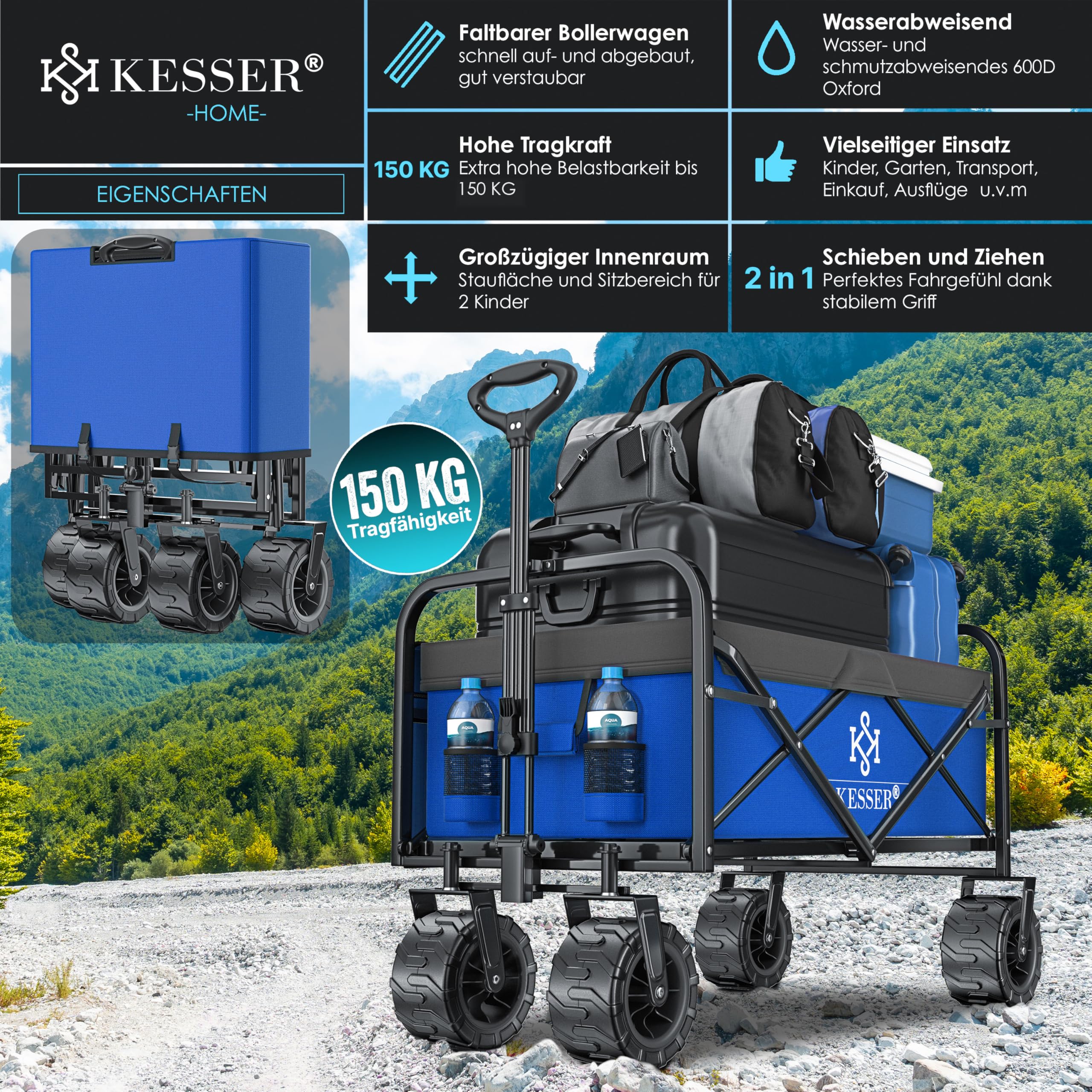 KESSER Chariot de transport pliable - Charge maximale : 150 kg - Avec pneus larges en caoutchouc solide - Chariot de transport avec 2 poches en filet et poche latérale - Chariot de transport pliable