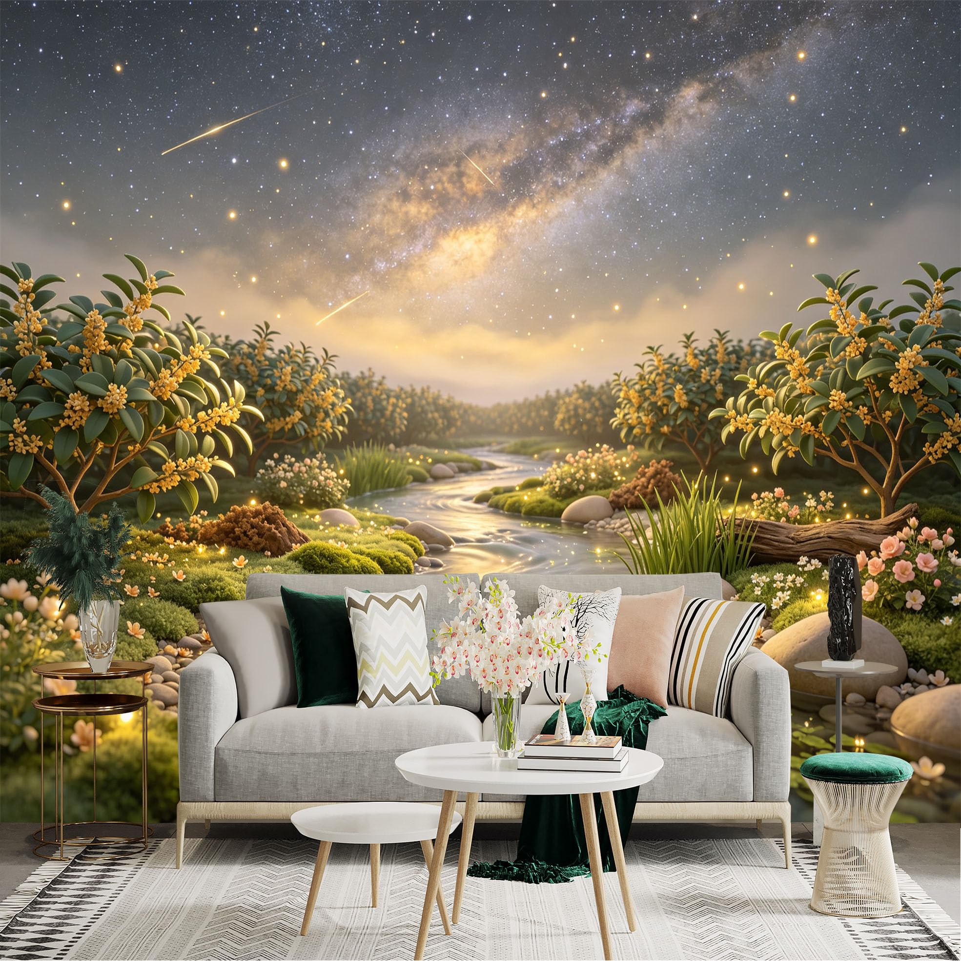 Lnzczhyre Bh260719120 Custom Size Wall Sticker Mural， Milky Way Night Sky， Flowing Stream， Blooming Garden， Peaceful Nature Landscape， For Wall Decoration， Peelandstick Wall Decals.