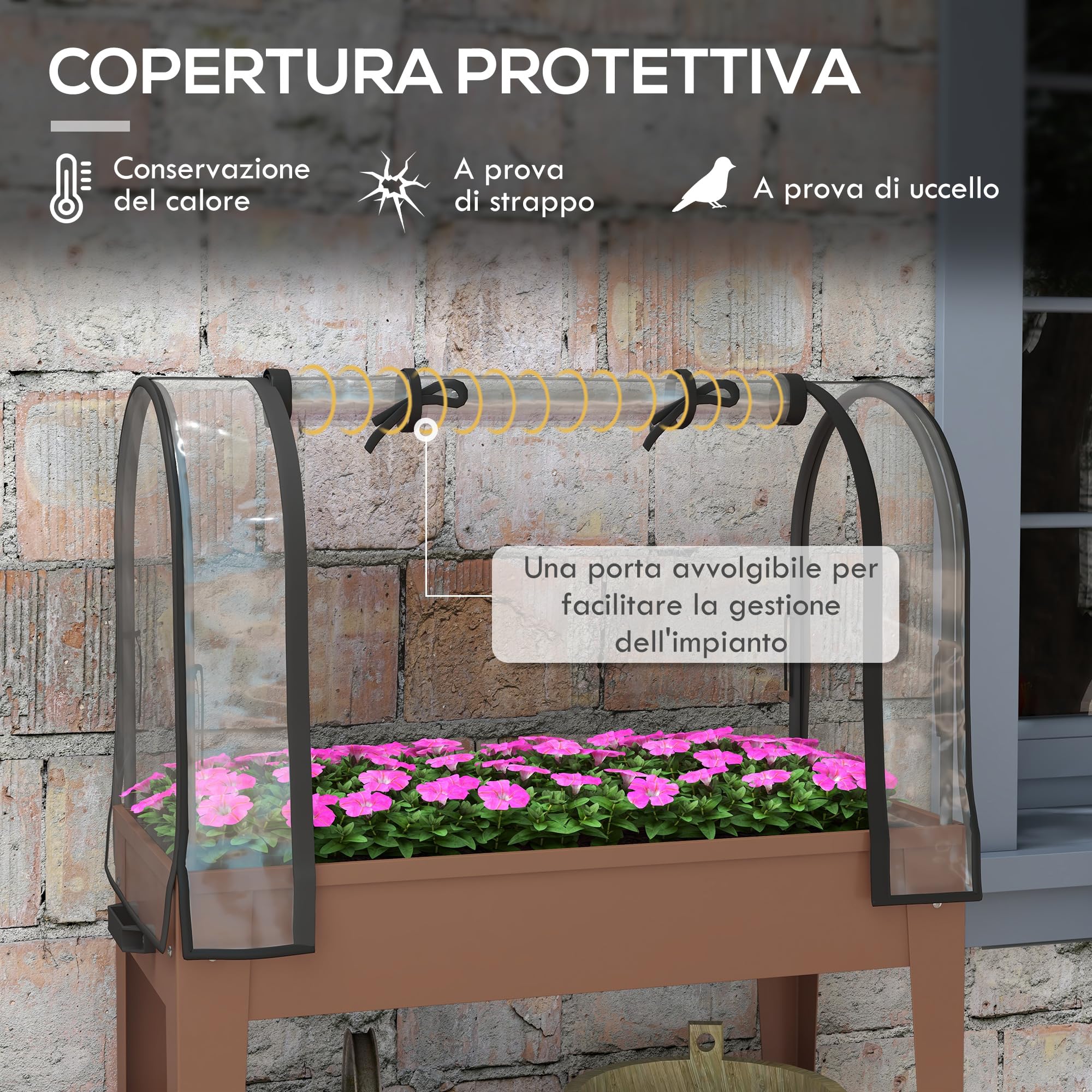 Outsunny Letto per Orto Rialzato con Mini Serra per Piante e Ruote, Orto Urbano con Copertura e Ripiano, 80x40x120cm, Marrone