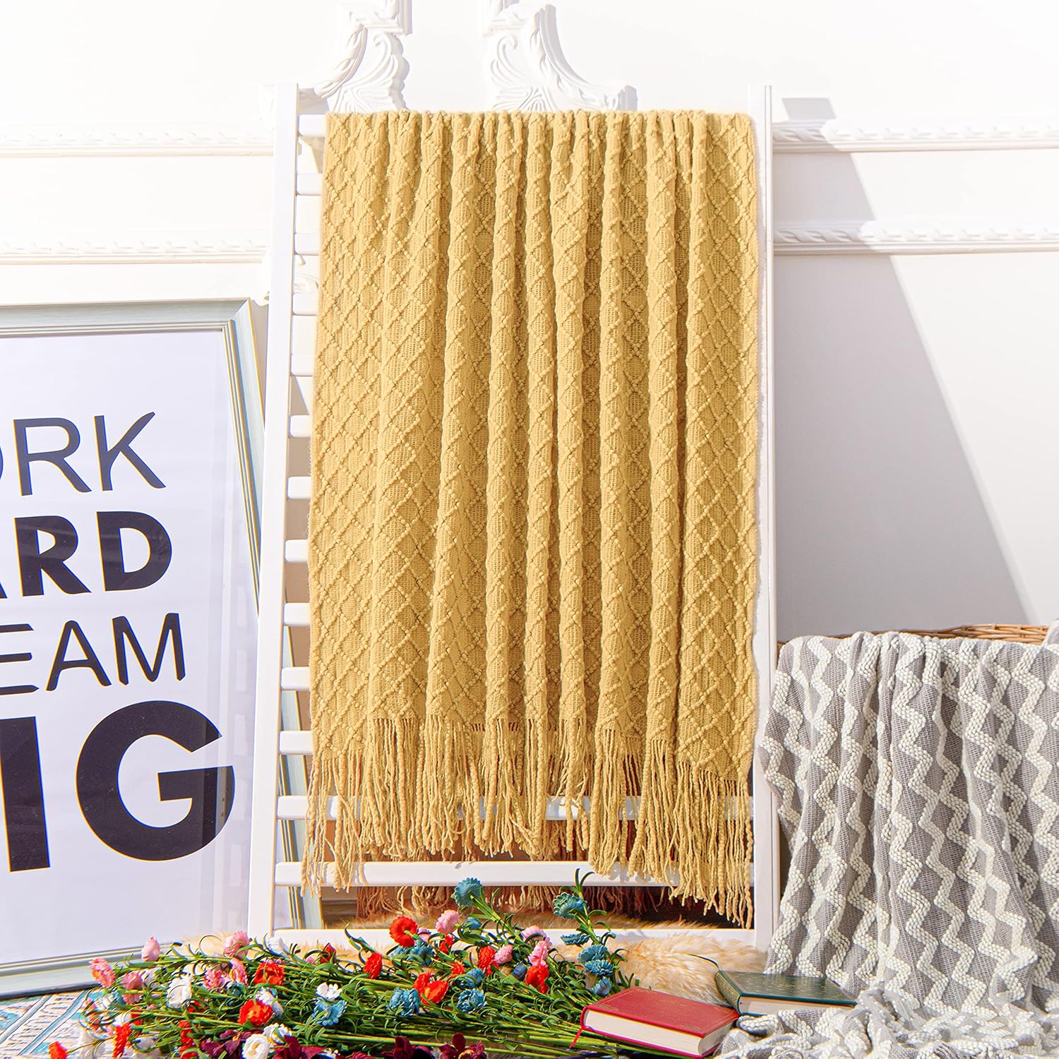 NTBAY Acrylic Knitted Oversized 60x80 Twin Throw Blanket, Lightweight and Soft Cozy Decorative Woven Blanket with Tassels for Travel, Couch, Bed, Sofa, 60x80 Inches, Mustard Yellow Checkered