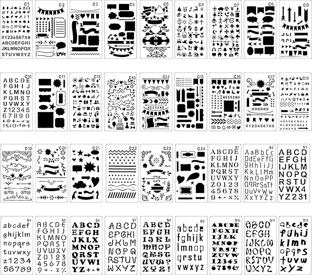 Plastic Bullet Journal Stencils Set, Bst4U 36PCS Letter Number and Pattern Stencil for Notebook, Diary, Scrapbook Painting Drawing Craft Accessories