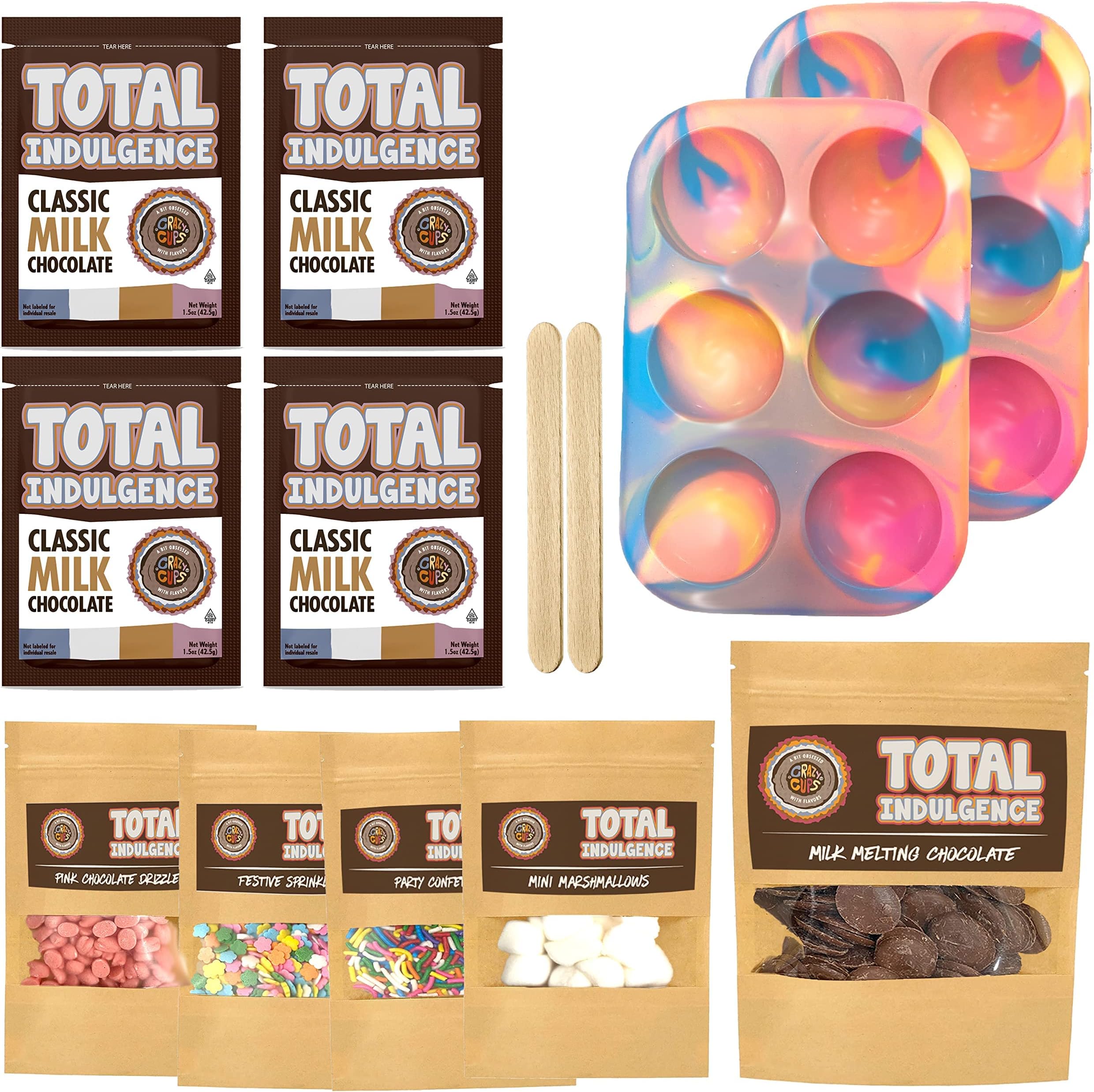 Total Indulgence DIY Hot Chocolate Bomb Kit, Includes 2 Silicone Molds For Chocolate Bombs, Melting Chocolate, Hot Cocoa Packets, Sprinkles, Marshmallow, Great Christmas Gifts, Makes 6 Chocolate Bombs