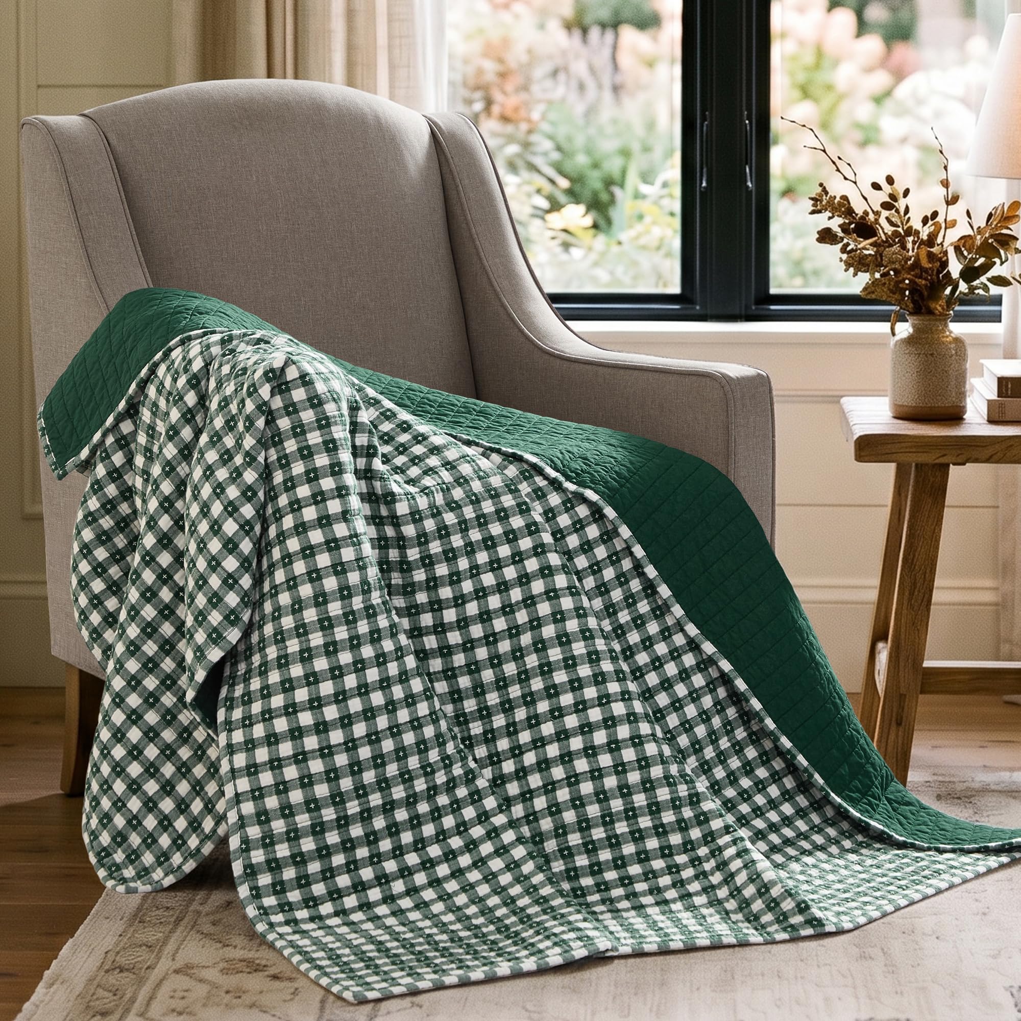 Levtex Home Camden Gingham Stitch Forest Green Quilted Throw - 50x60in. - Green and Ivory Gingham - Reversible - Textured Cotton Throw Blanket