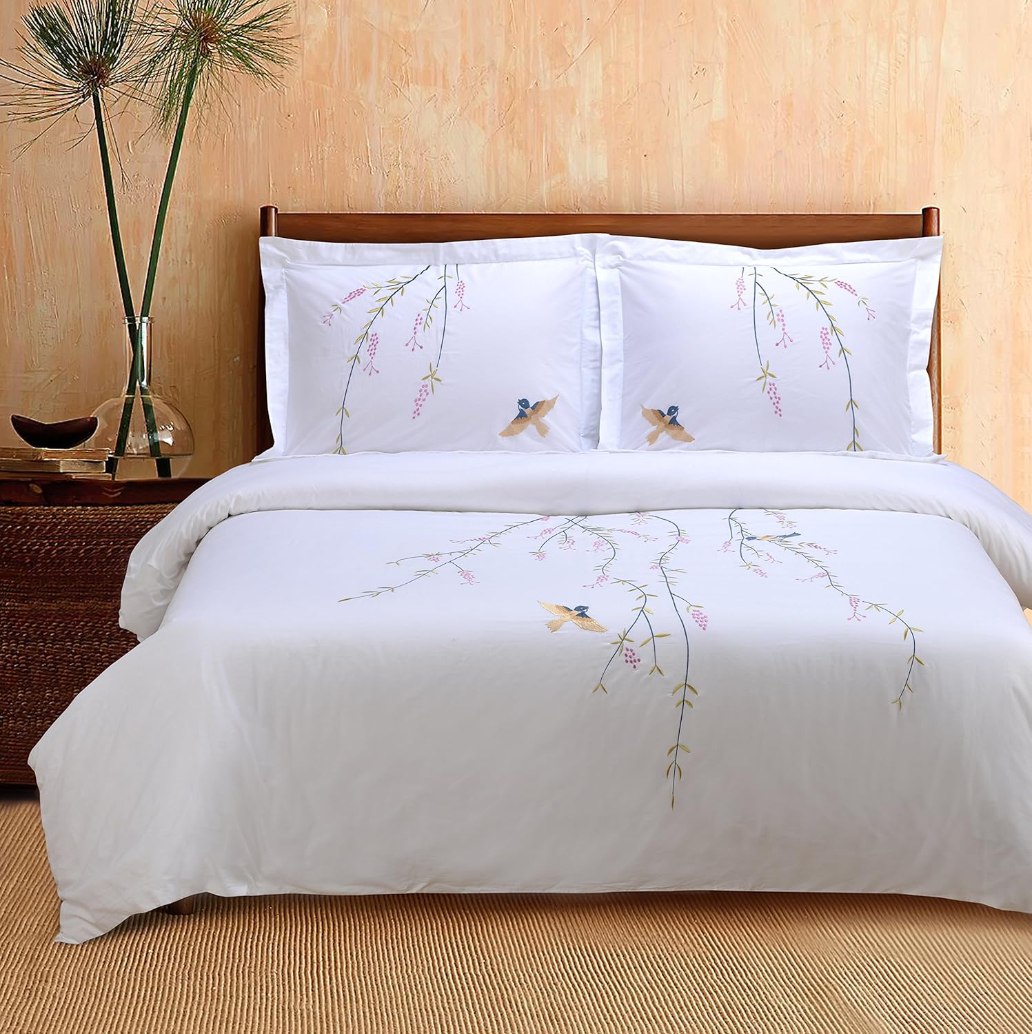 Superior Cotton 200TC Duvet Cover Set, Soft Comforter Covers, Bedroom Essentials, Embroidered Spring Tree with Birds, includes 1 Duvet Cover- Button Closure, 2 Pillow Shams, King/California King