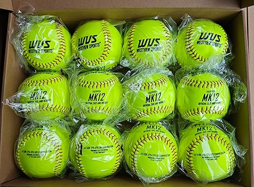 Miniatura 3 de MK12 - Pelotas de sóftbol de piel dividida de 12 pulgadas, cubierta de cuero genuino, costuras rojas elevadas, amarillo brillante, 0.47 COR,