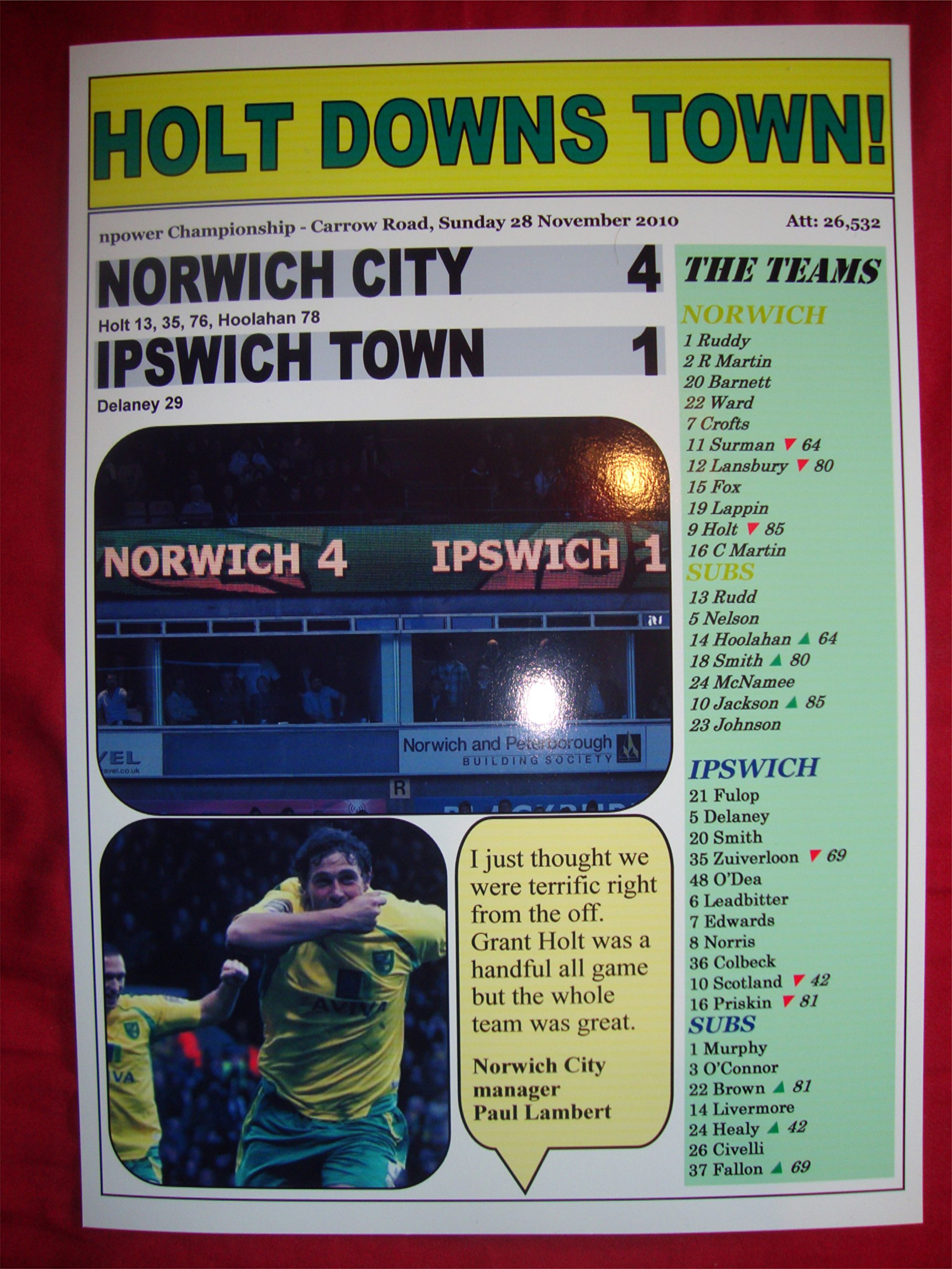 Lilywhite Multimedia Norwich City 4 Ipswich Town 1 - 2010 - Souvenir Print
