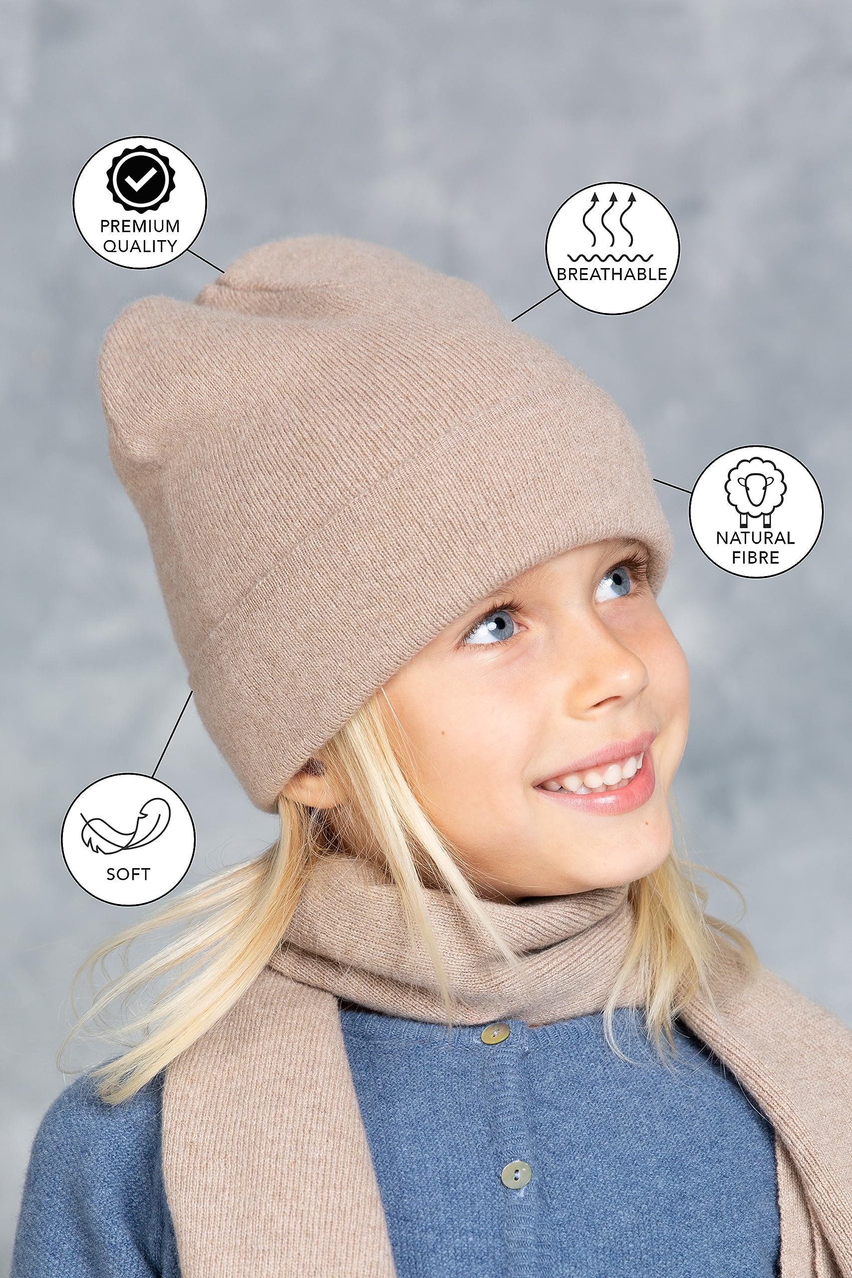 Einlagige Strickmütze aus Wolle für Kinder I Warme Gestrickte Wintermütze für Jungen und Mädchen I Beanie Mütze in der Farbe Beige - Größe 50-54cm