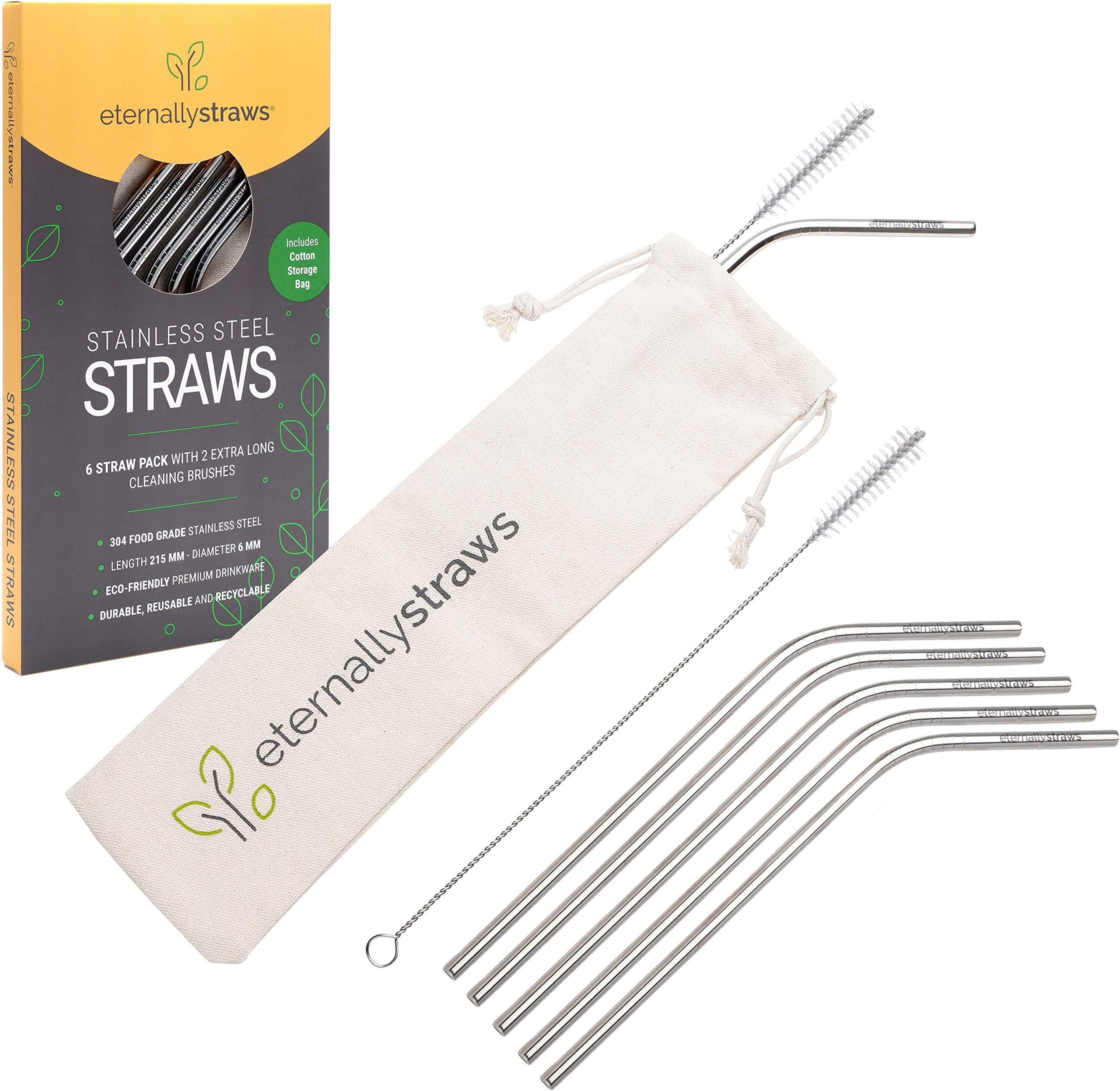 Reusable Metal Drinking Straws | 6 Stainless Steel Straws | UK Food-Safe Test Report | 2 Long Cleaning Brushes | Carry Bag | Plastic Free Packaging | Stylish Eco Gift | Eternally Straws™