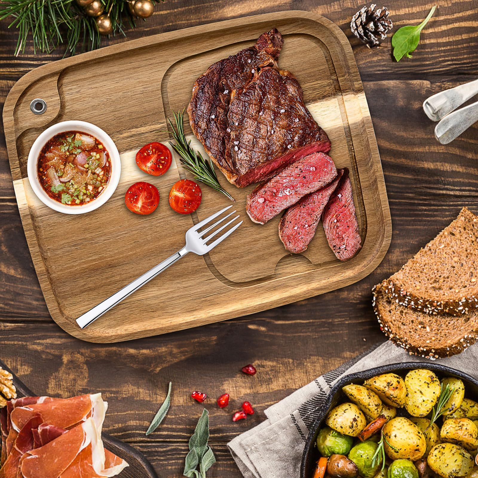 6er Set Akazienholz Steak Bretter, Holz Steak Servierbrett mit Saftk | Küche Schneidebrett Steakteller Servierplatte Holzbrett Brett für Fleisch Grill Brot Dessert Burger Pizza Sushi, 33 x 28 cm