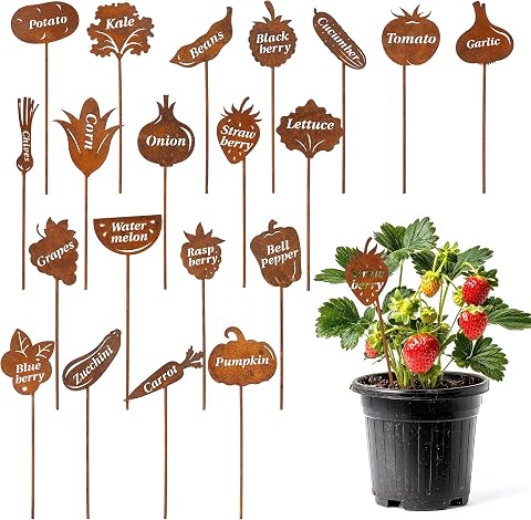 WATINC Vegetable Garden Labels Set - 20 Rusty Metal Plant Tags for Outdoor Garde