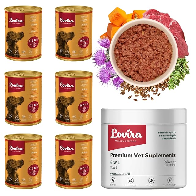 Lovira - Cibo umido per cani - con 92,6% di Carne, Senza cereali - Cervo - Set con integratore 8 in 1