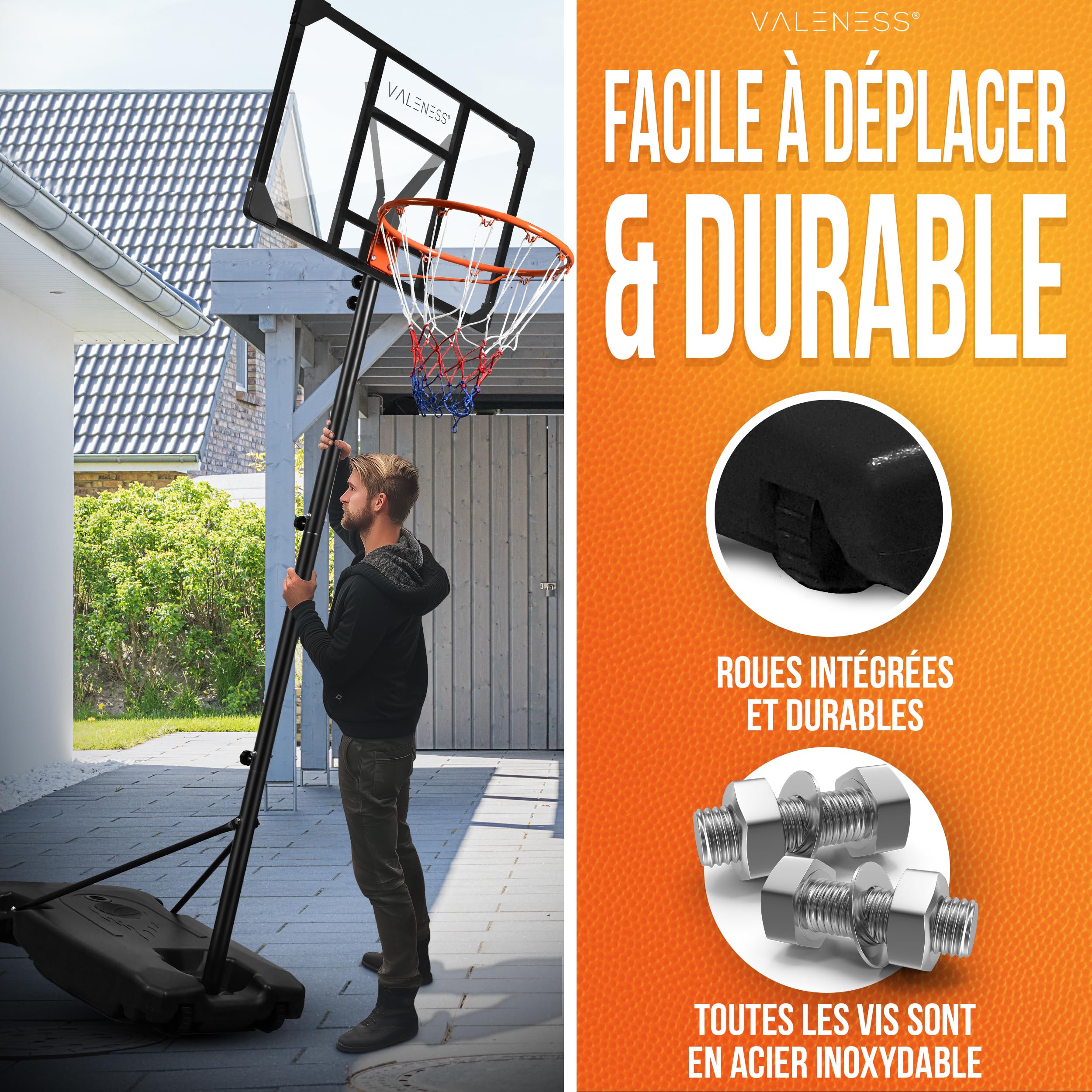 VALENESS® Panier de Basketball extérieur réglable [135-305 cm] - résistant aux intempéries, avec Ballon et Pompe – pour Enfants et Adultes