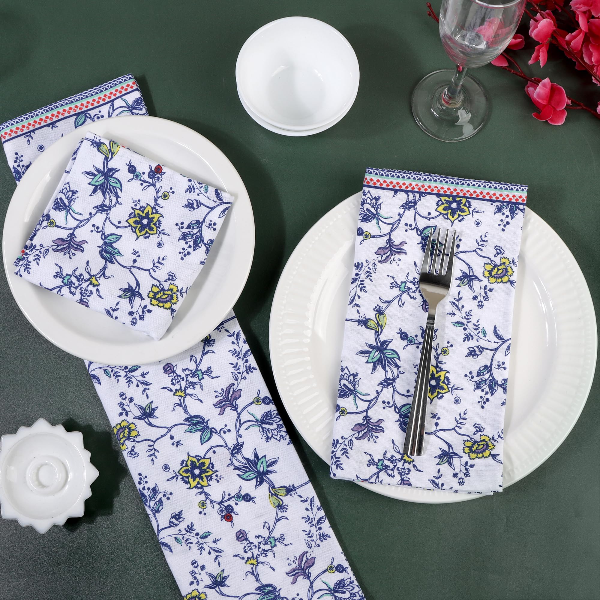 Lot de 12 serviettes de table imprimées FINGERCRAFT en coton et lin avec coins à onglets, lavables et réutilisables, 50,8 x 50,8 cm, bleu prairie