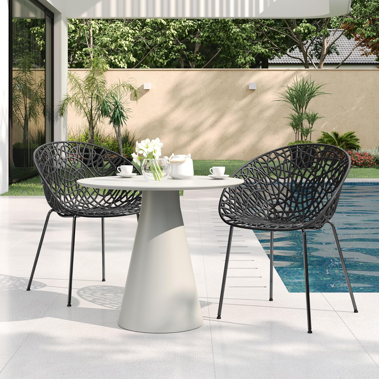 Outdoor Dining Chair Set of 2, Minimalist Weather-Resistant Side Chair with Perforated Diamond Pattern,Plastic Blend Material, Modern Armless Chair Seating for Patio,Garden,Porch,Balcony Black
