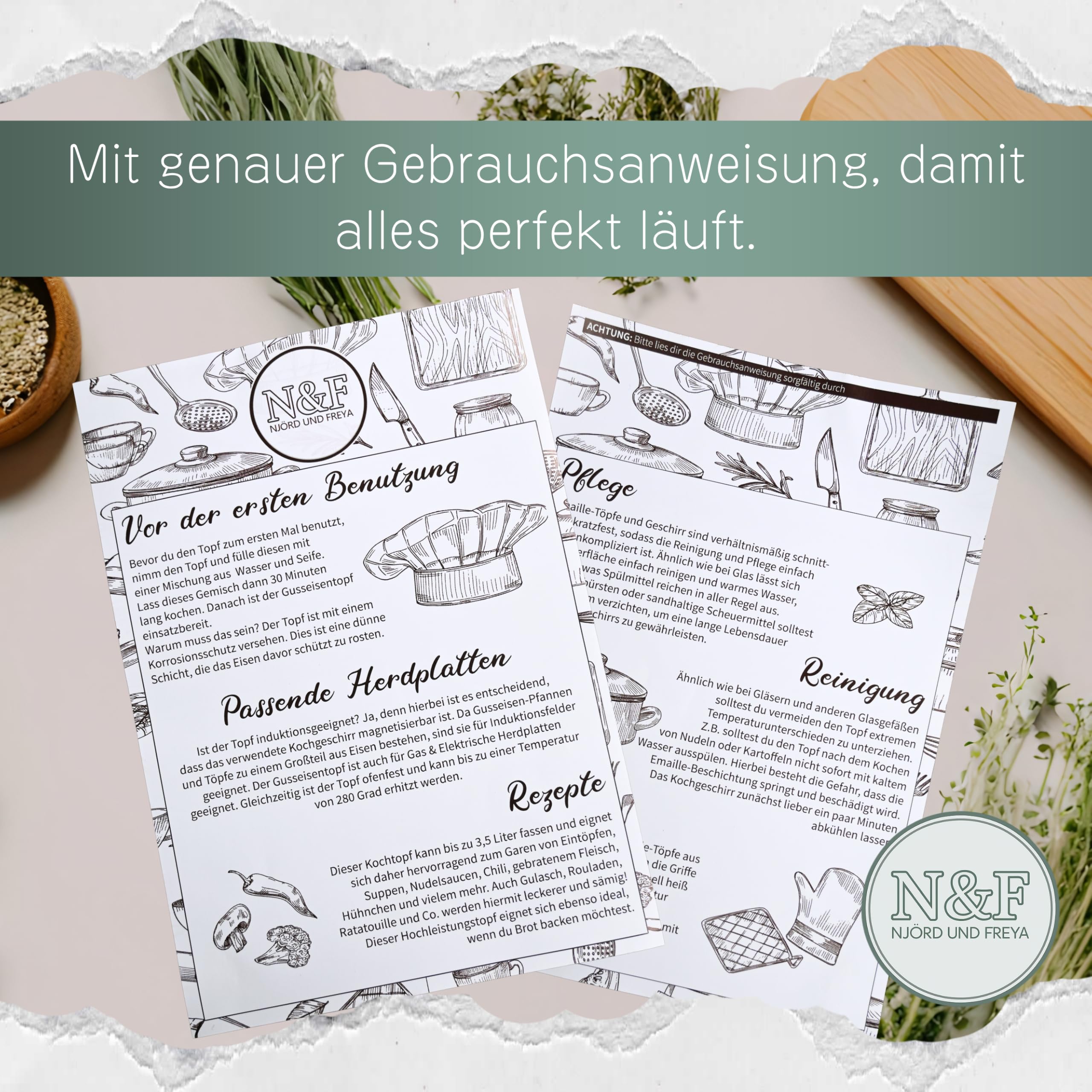Njörd & Freya® Gusseisentopf 24 cm – Brotbacktopf emailliert mit Deckel – Dutch Oven für Brot, Braten & Eintöpfe – Gusstopf backofenfest, Induktion geeignet, Gusseisener Topf