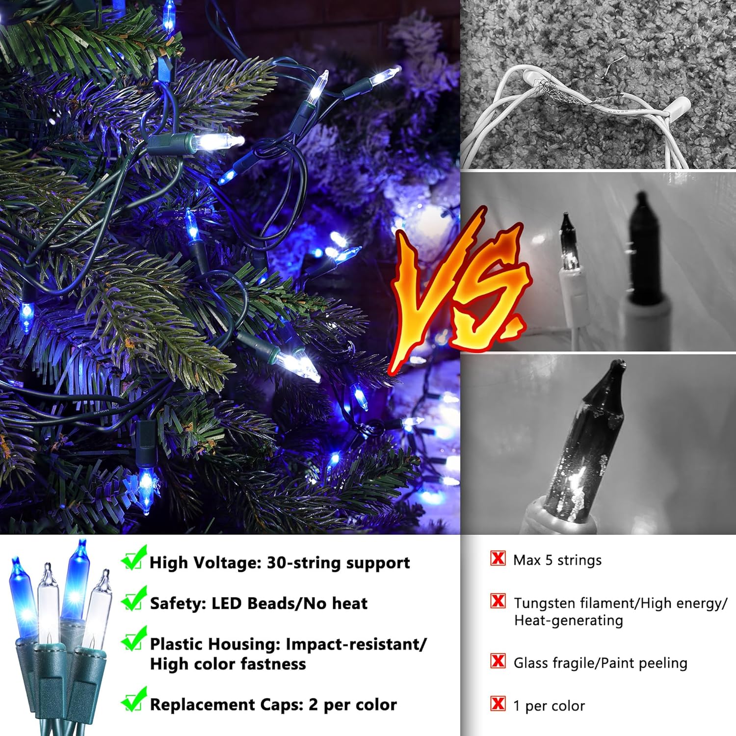 Jyoiat Christmas Lights -2 Pack Total 43FT 200 Count Conectable Waterproof String Lights Brighter Detachable Plug-in Lights Indoor & Outdoor for Christmas Decoration(Blue & White)