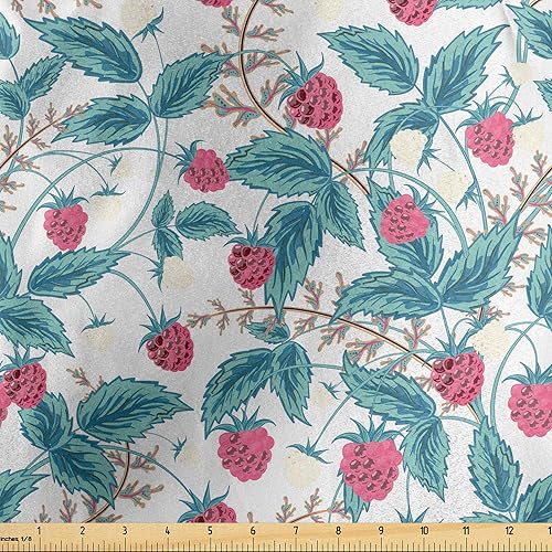 Ambesonne Fruit Fabric by The Yard, Raspberry Pattern with Foliage Leaves Hand Drawn Seasonal Food Spring Vegetation, Decorative Satin Fabric for