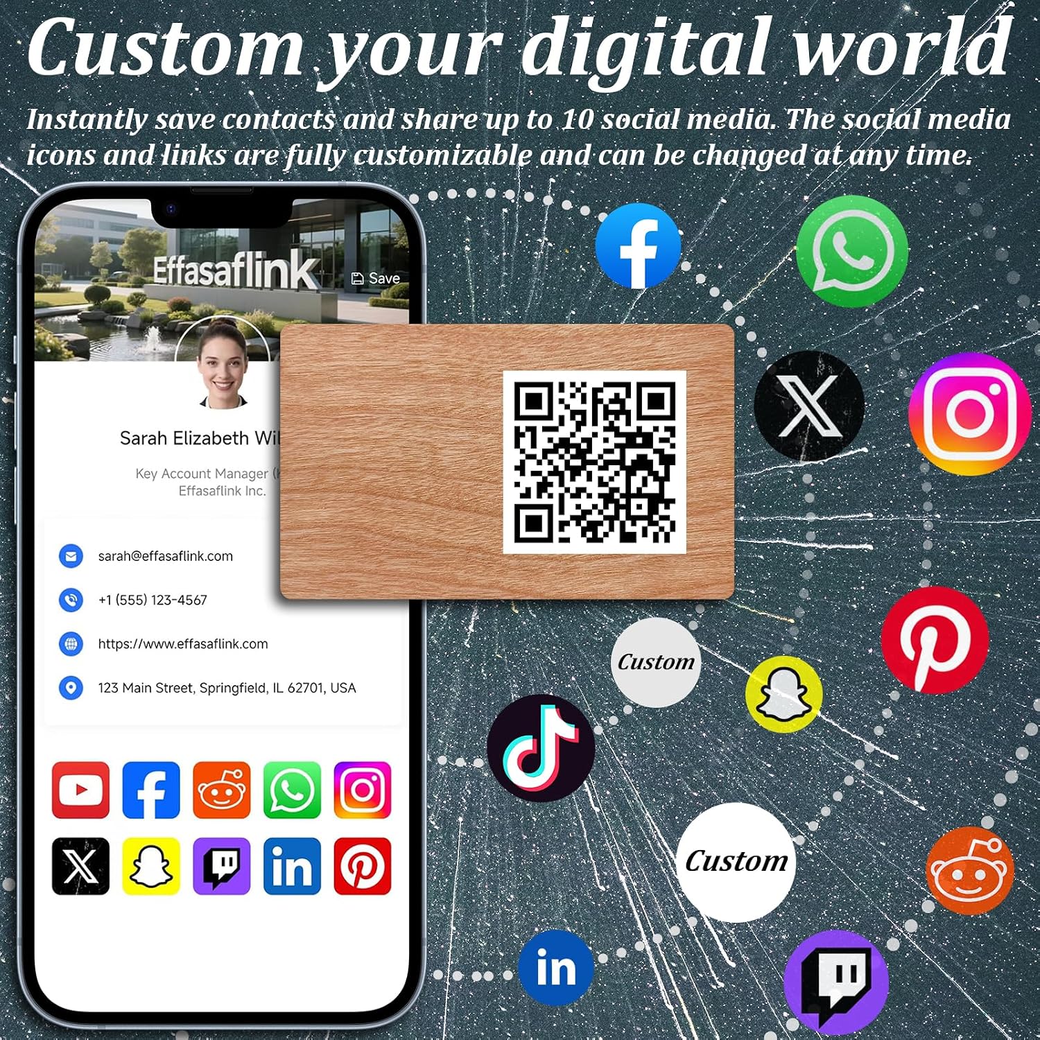 Digital Business Card with NFC & QR Code - Wood Card - for iPhone & Android