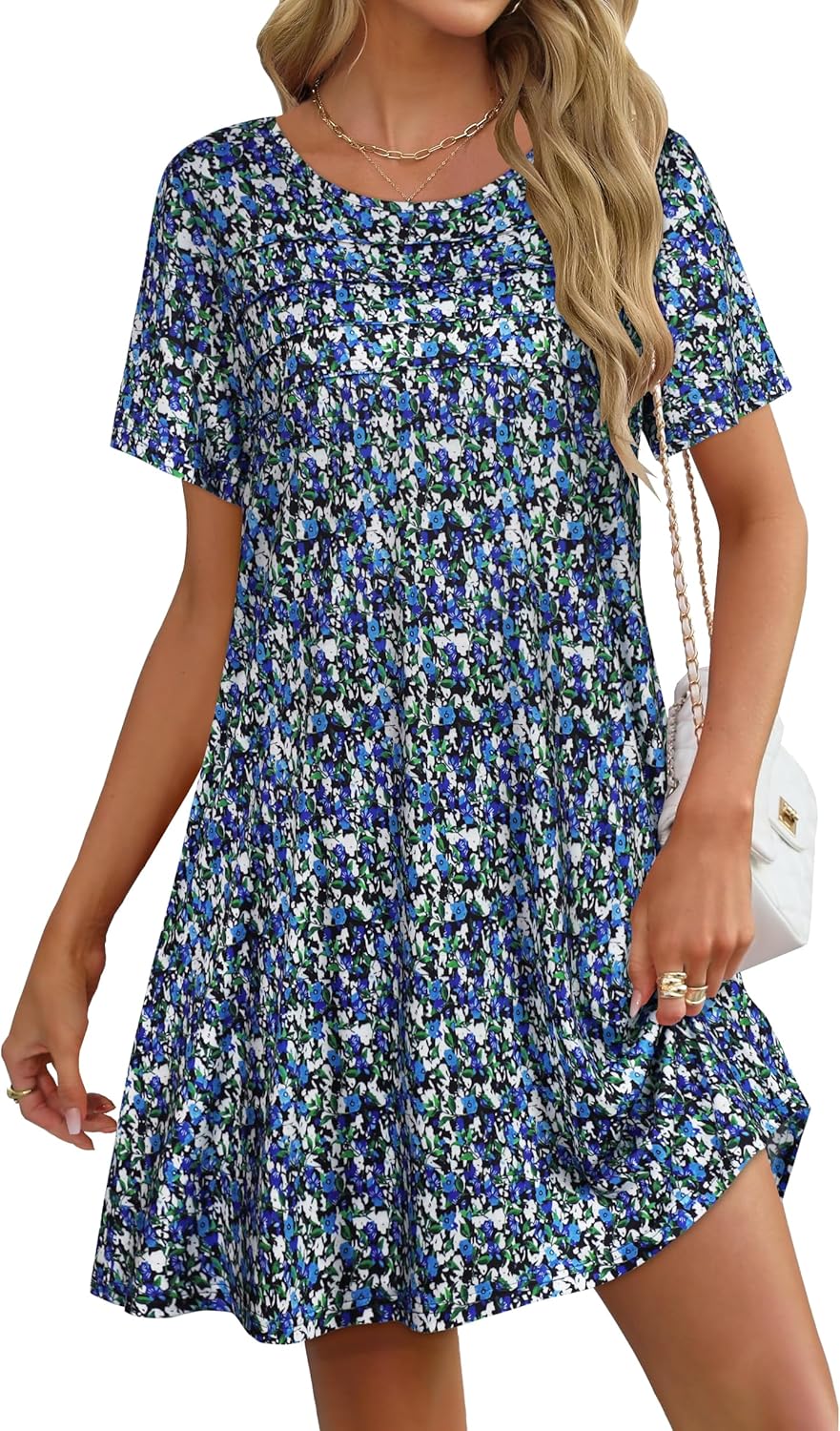 elescat Sundress for Women Casual Loose Summer Short Sleeve Pleated Front Crew Neck T Shirt Dress with Pockets