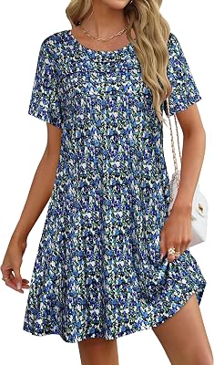 elescat Sundress for Women Casual Loose Summer Short Sleeve Pleated Front Crew Neck T Shirt Dress with Pockets 2026