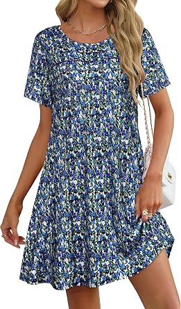elescat Sundress for Women Casual Loose Summer Short Sleeve Pleated Front Crew Neck T Shirt Dress with Pockets 2026
