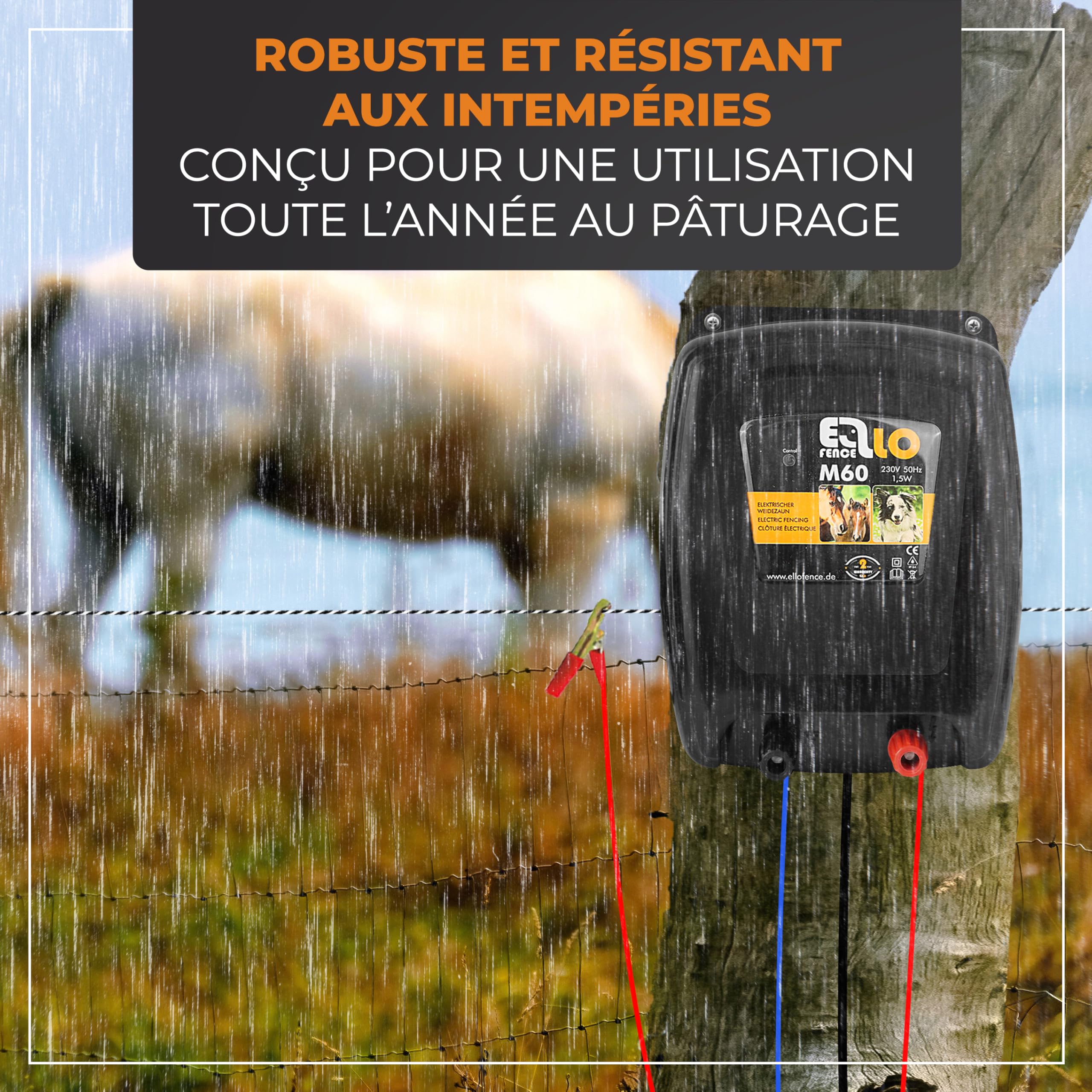 Électrificateur clôture électrique 230 V secteur (M60) – Extra puissant & silencieux – Appareil premium pour animaux domestiques et d’élevage – Avec indicateur de contrôle de clôture
