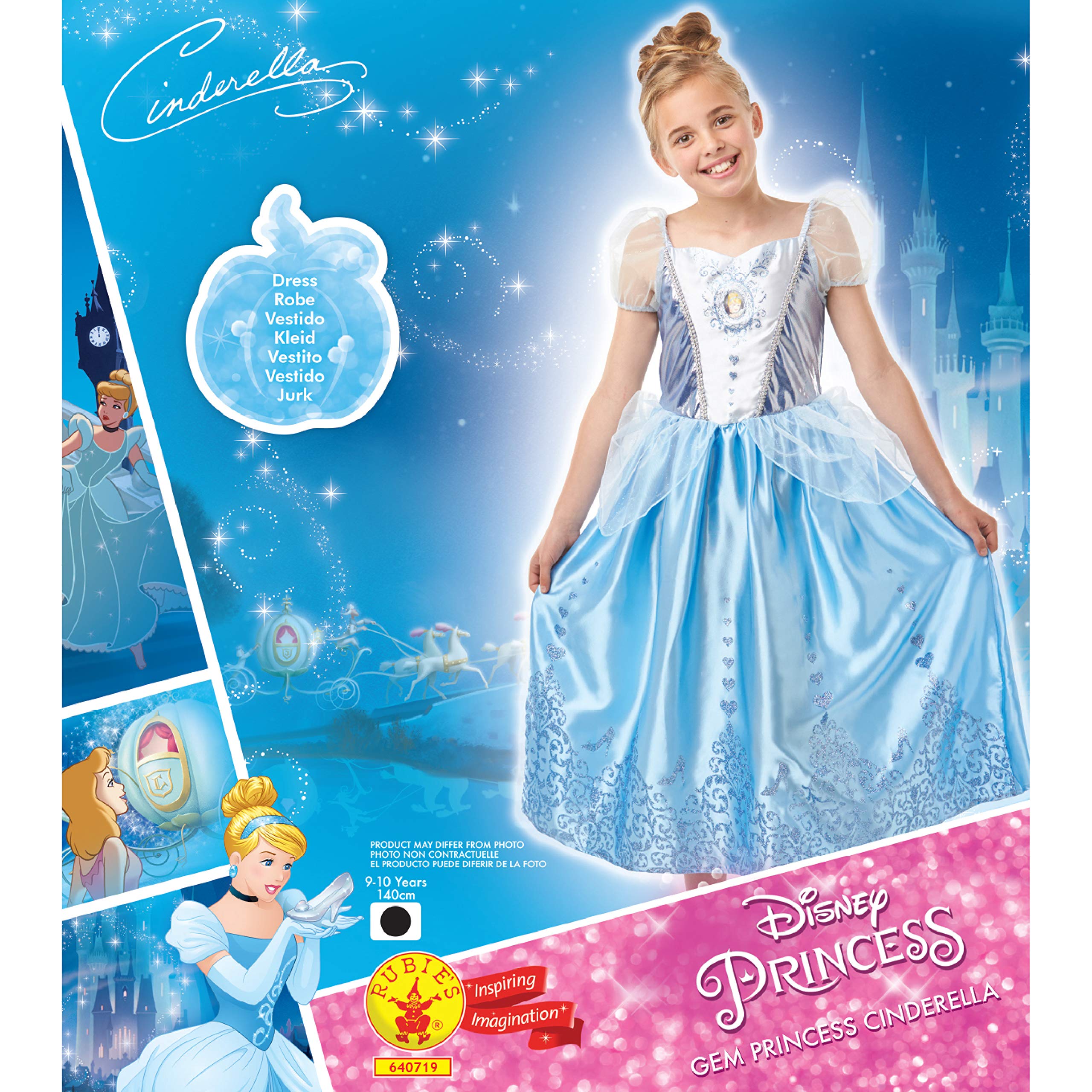 Rubie's Costume Ufficiale Da Principessa Cenerentola Per Bambine - Abito Celeste Con Paillettes E Gonna In Organza, Taglie 3-4 A 9-10 Anni