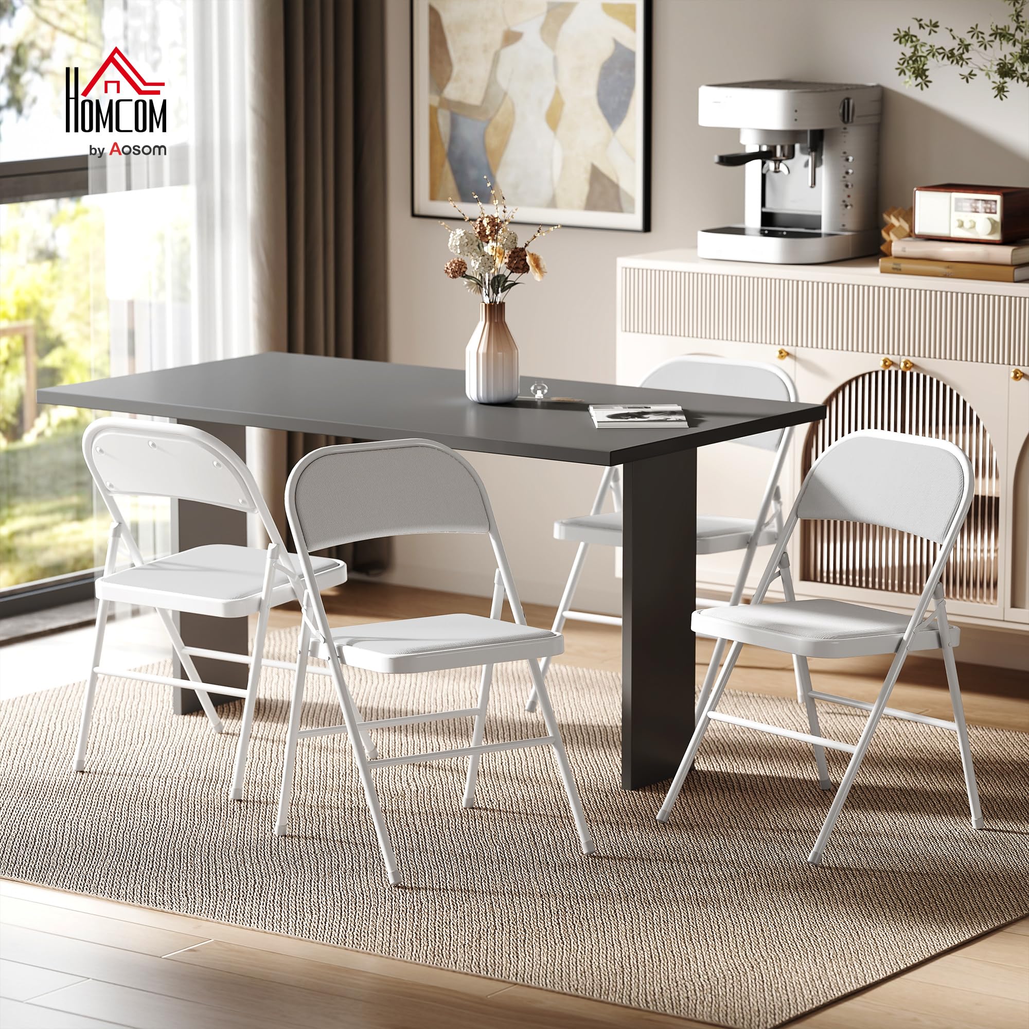 HOMCOM Lot de 4 chaises Pliantes chaises de Salle à Manger Portables Chaise Pliable d'intérieur avec siège rembourré en Velours côtelé et Cadre en Acier dim. 45l x 46P x 78H cm Blanc