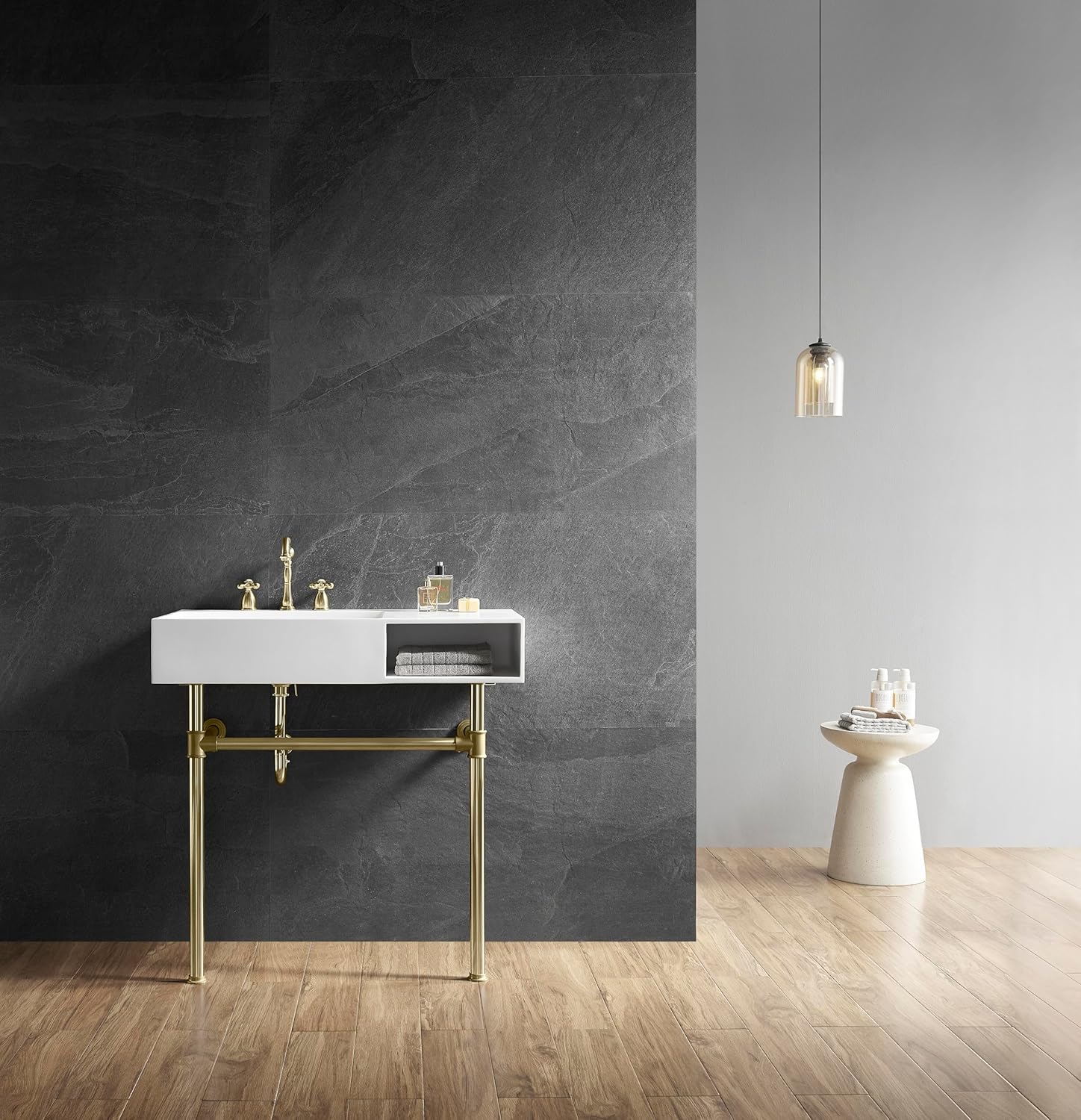 Kingston Brass KVPB3368SQA2 Aurelius 36" Solid Surface Console Sink with Stainless Steel Legs (8-Inch, 3-Hole), Matte White/Polished Brass