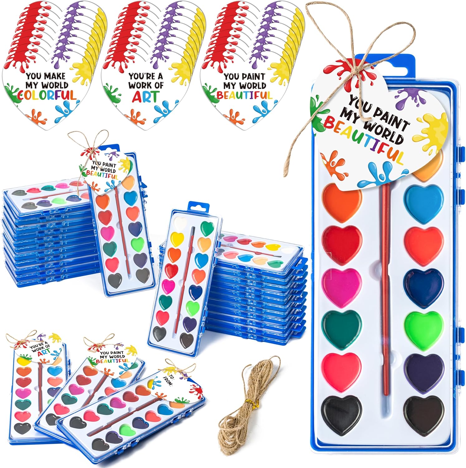 Valentine’s Day Gift Card Set, 16 Color Watercolor Paint Set, 24 Pack Bulk Washable Paint Set with Brush for Adult, Valentines Prizes Exchange Gifts