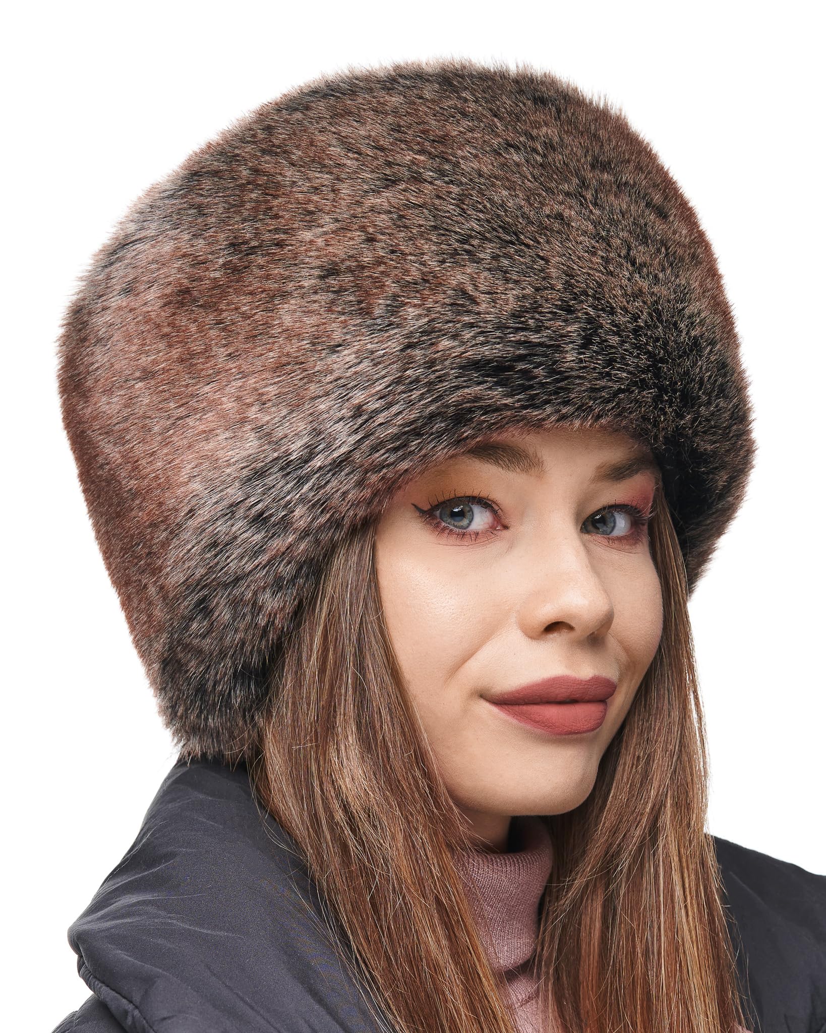 Futrzane Siberian Cossack Hat - Russian Fur Hats for Women - Fluffy Winter Hat (XL, Brown Siberian)