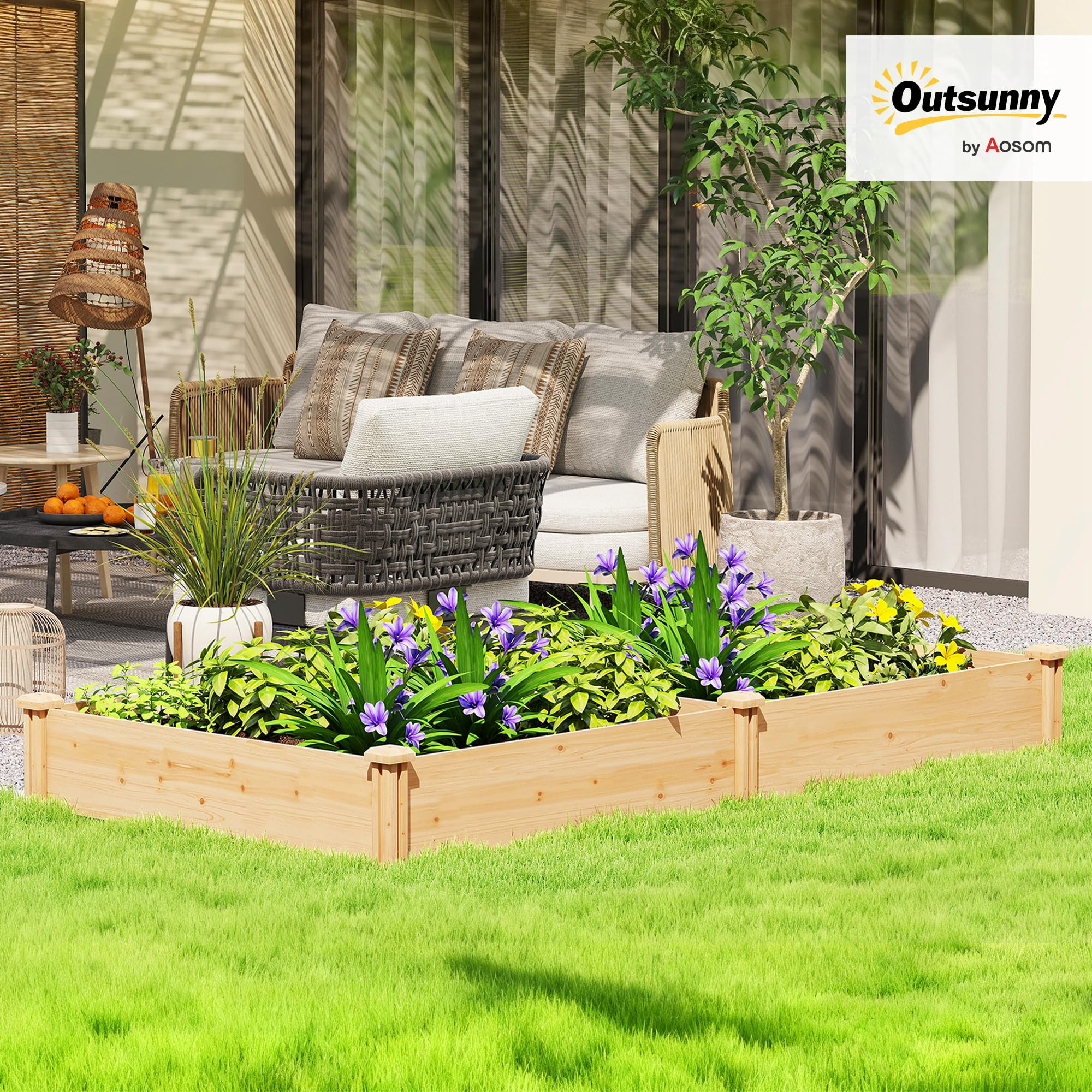 Outsunny Jardinera Elevada de Madera, Huerto Urbano para Cultivar Plantas, Macetero Exterior con Divisor y Base Abierta, Pintura DIY, para Jardín, Terraza, 235x121x26 cm, Natural
