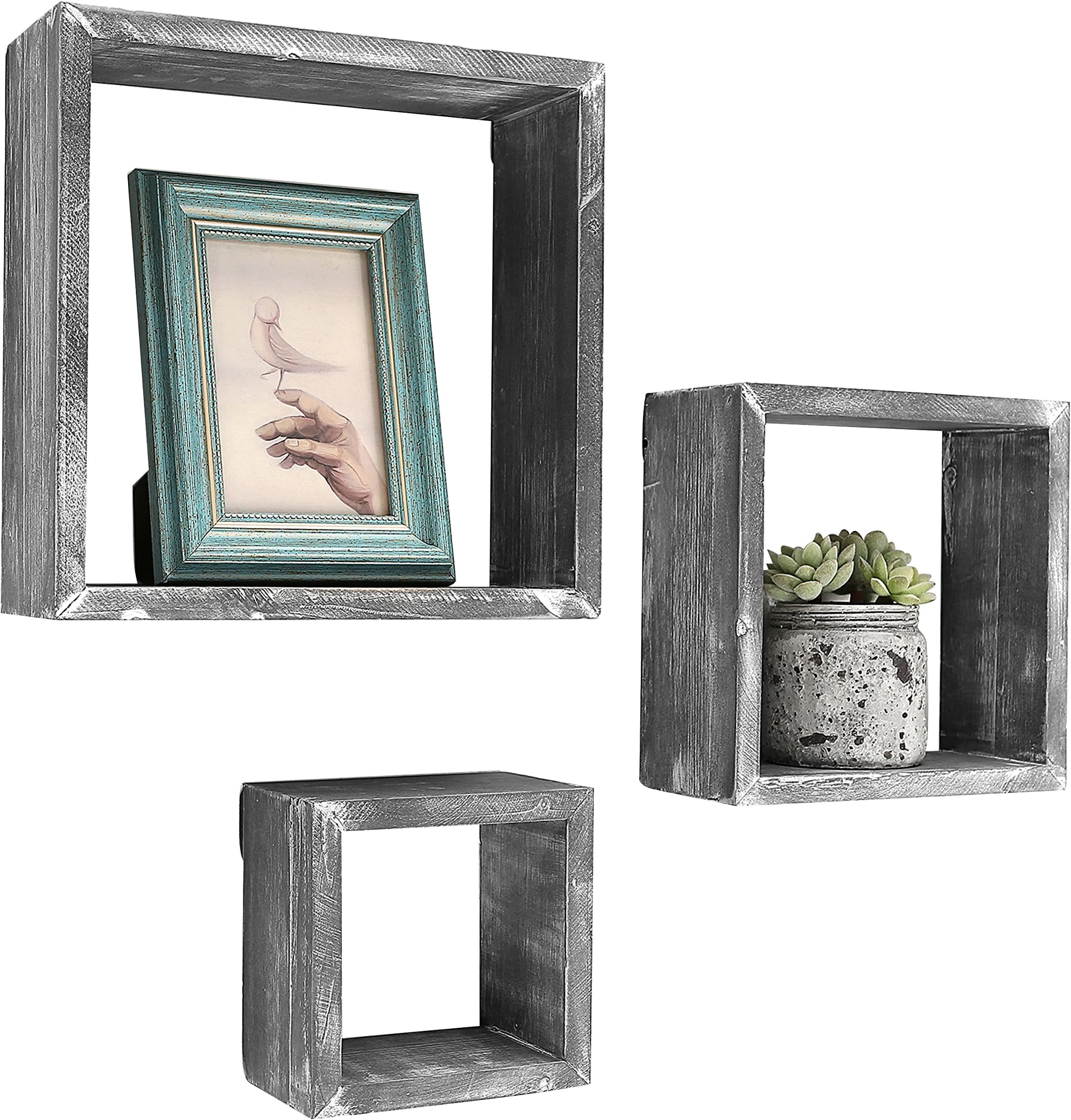MyGift Barnwood Gray Wall Mounted Wood Square Cube Shelf/Floating Cubby Display Shelves, Set of 3