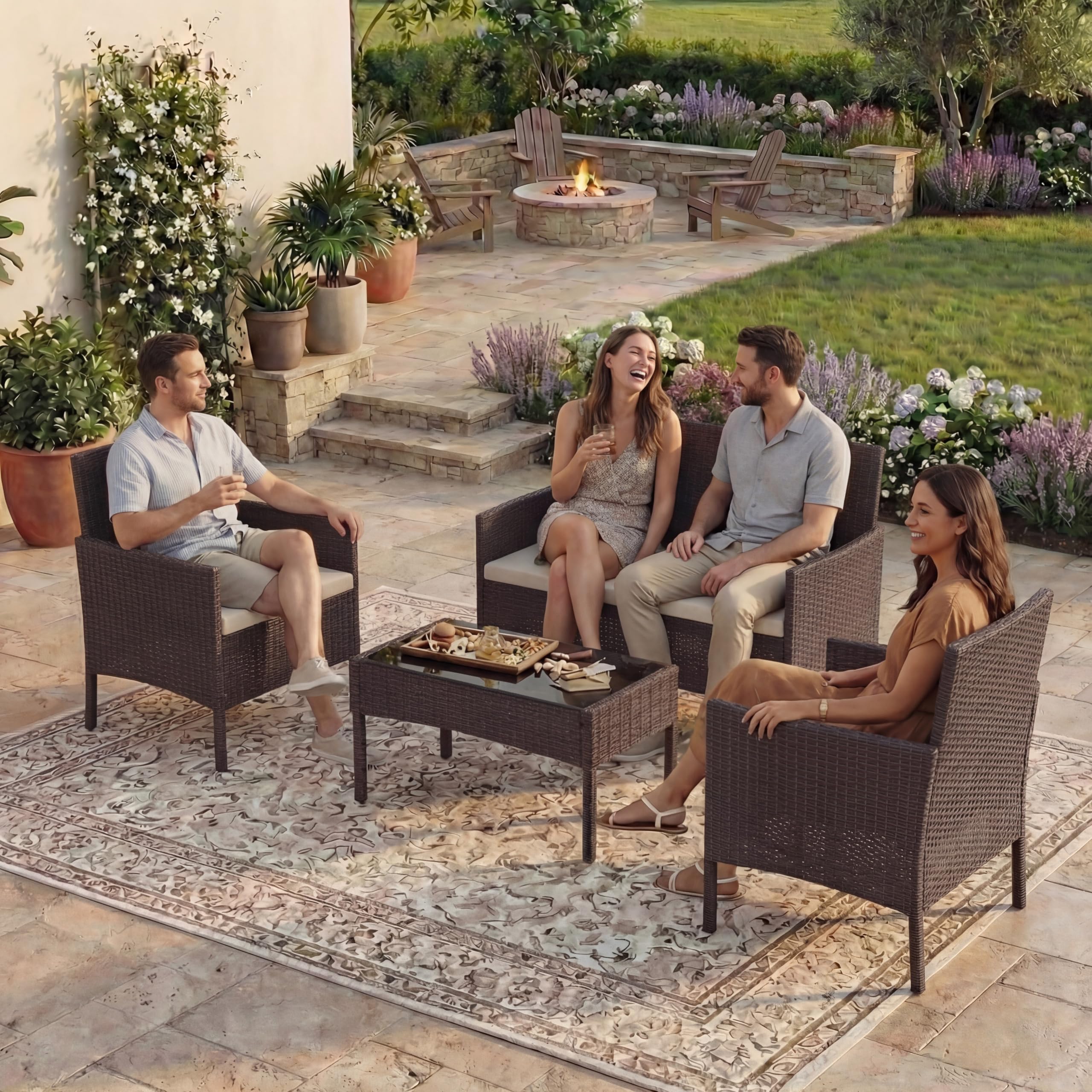 Garden Vida Kendal 4-częściowy zestaw rattanowy do siedzenia ogrodowego, brązowy (certyfikat (UKFR), meble ogrodowe, patio, na zewnątrz