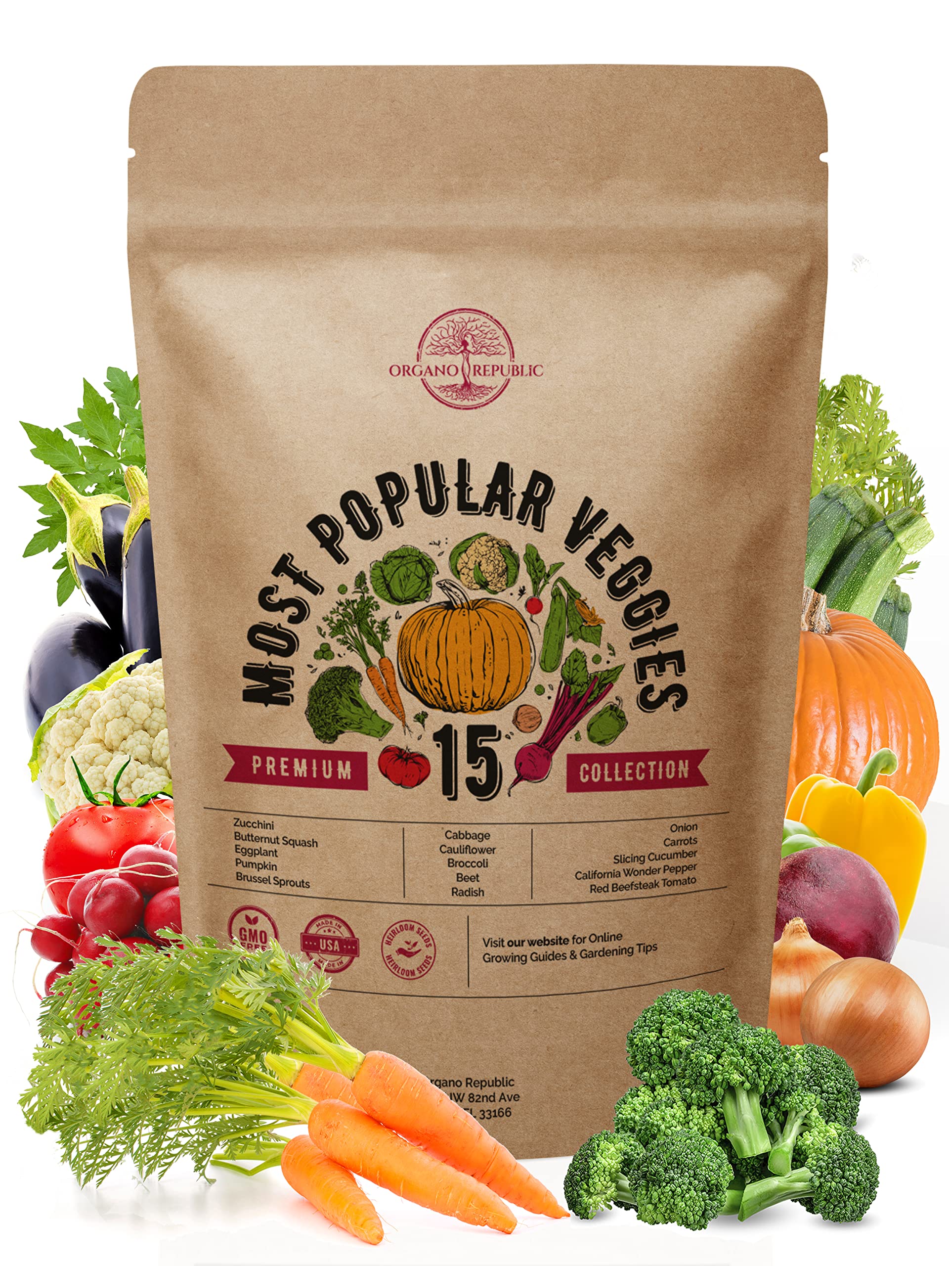 Organo Republic Vegetable Non-GMO Heirloom Seeds for Planting Vegetables and Fruits - 15 Seed Packets in Home Survival Garden Hydroponic Seeds Variety Bulk Pack Viggies for Indoor and Outdoor Planting