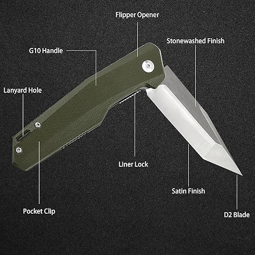 Miniatura 3 de LILBEEBLAID Guardee - Cuchillo plegable de bolsillo para EDC, mango verde G10 con bloqueo de trazador de líneas 8Cr13MoV, acabado satinado y lavado
