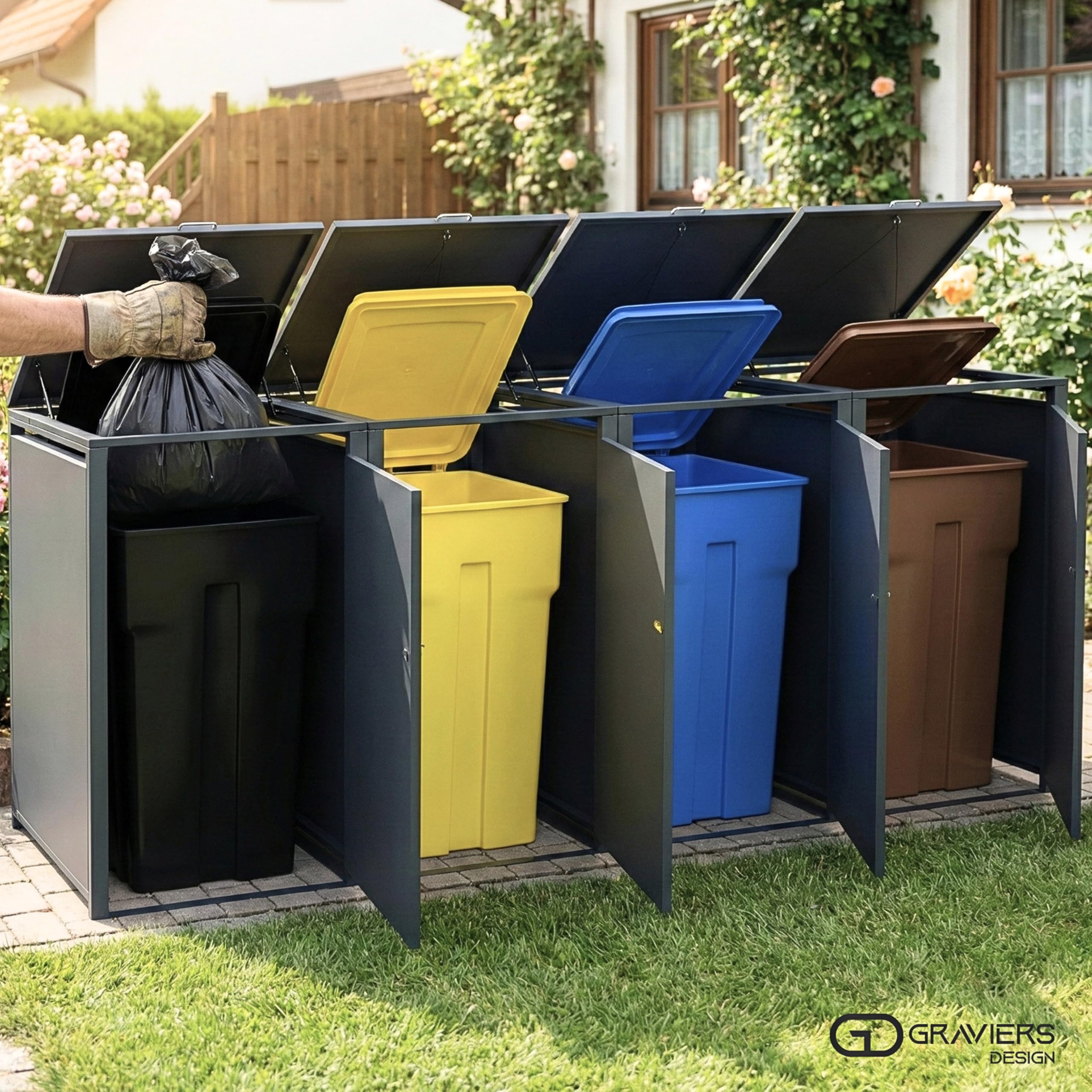 Ghiaiers - Set di 4 copribidoni fino a 240 litri, struttura in acciaio di alta qualità, bloccabile, resistente alle intemperie ed espandibile in modo modulare