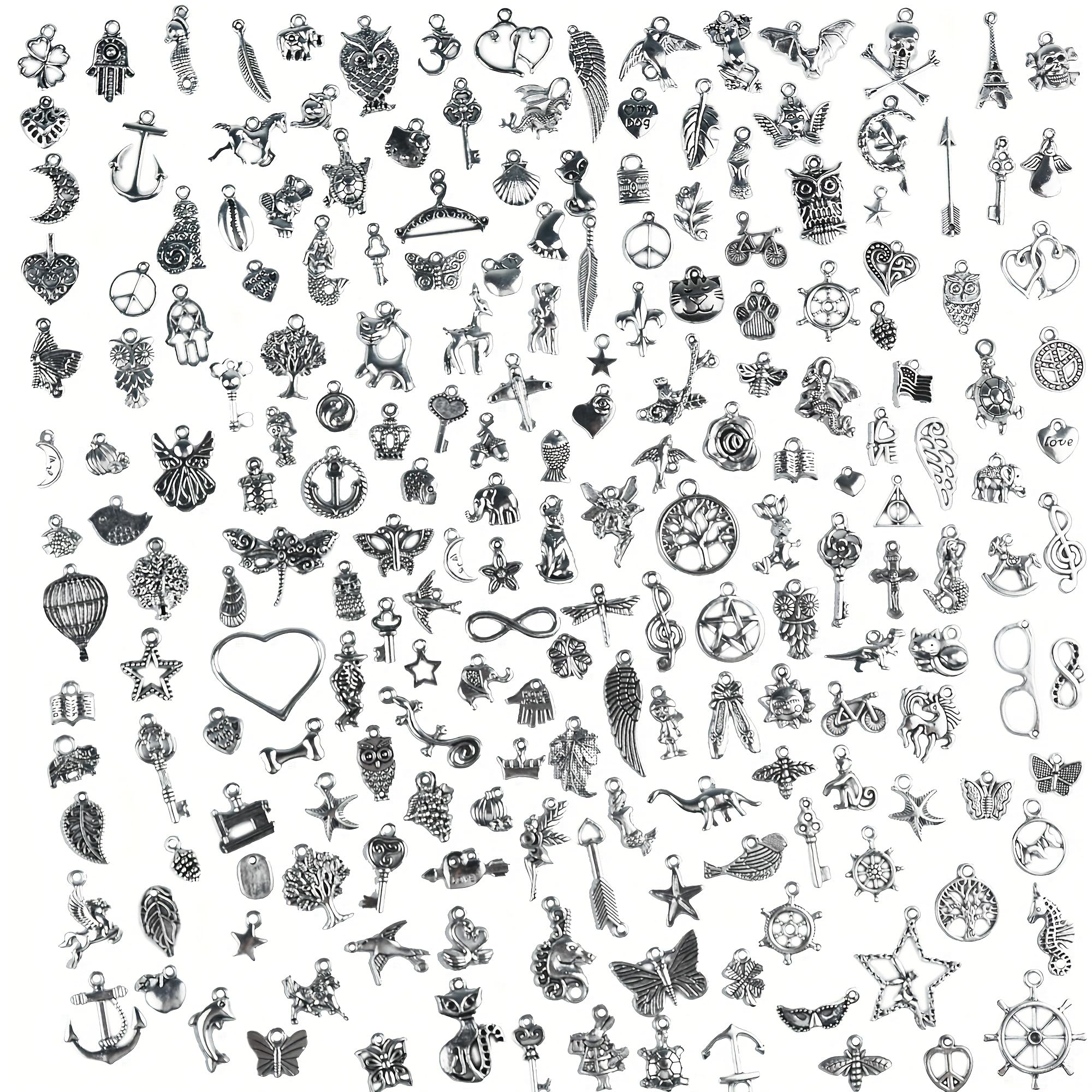 Aokbean 200pcs Bulk Silver Bracelet Craft Charms Jewellery Making Metal Small Charm Decoration Kit DIY Necklace Kid Jewlery Accessories Girl Earring Bead Keyring Set Mini Star Animal Pendant Supply
