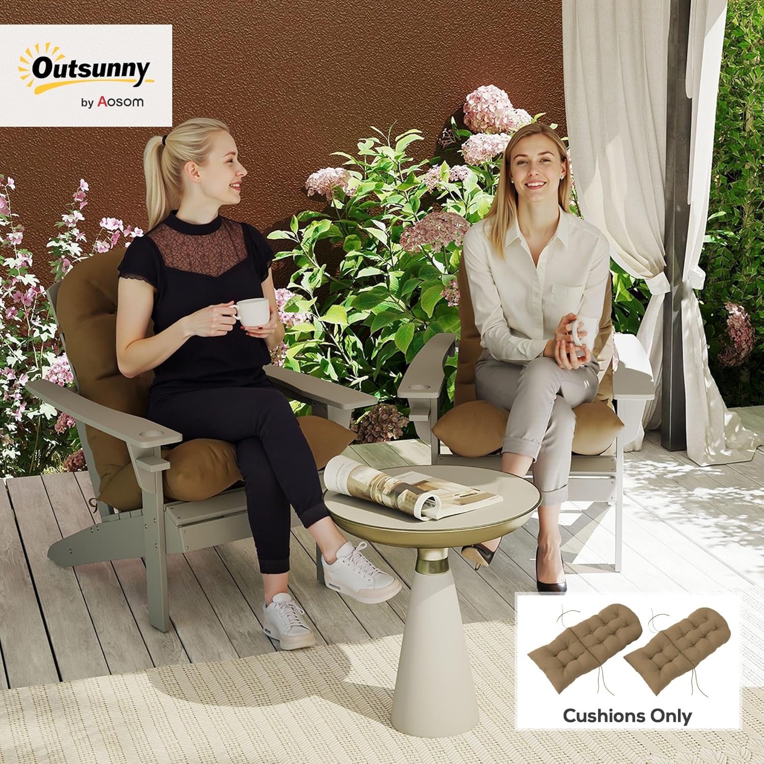 Outsunny Outdoor Adirondack Chair Cushions Set of 2, Tufted High Back Patio Chair Cushions with Ties, Non-Slip Replacement Seat Pads for Adirondack Chairs, Khaki